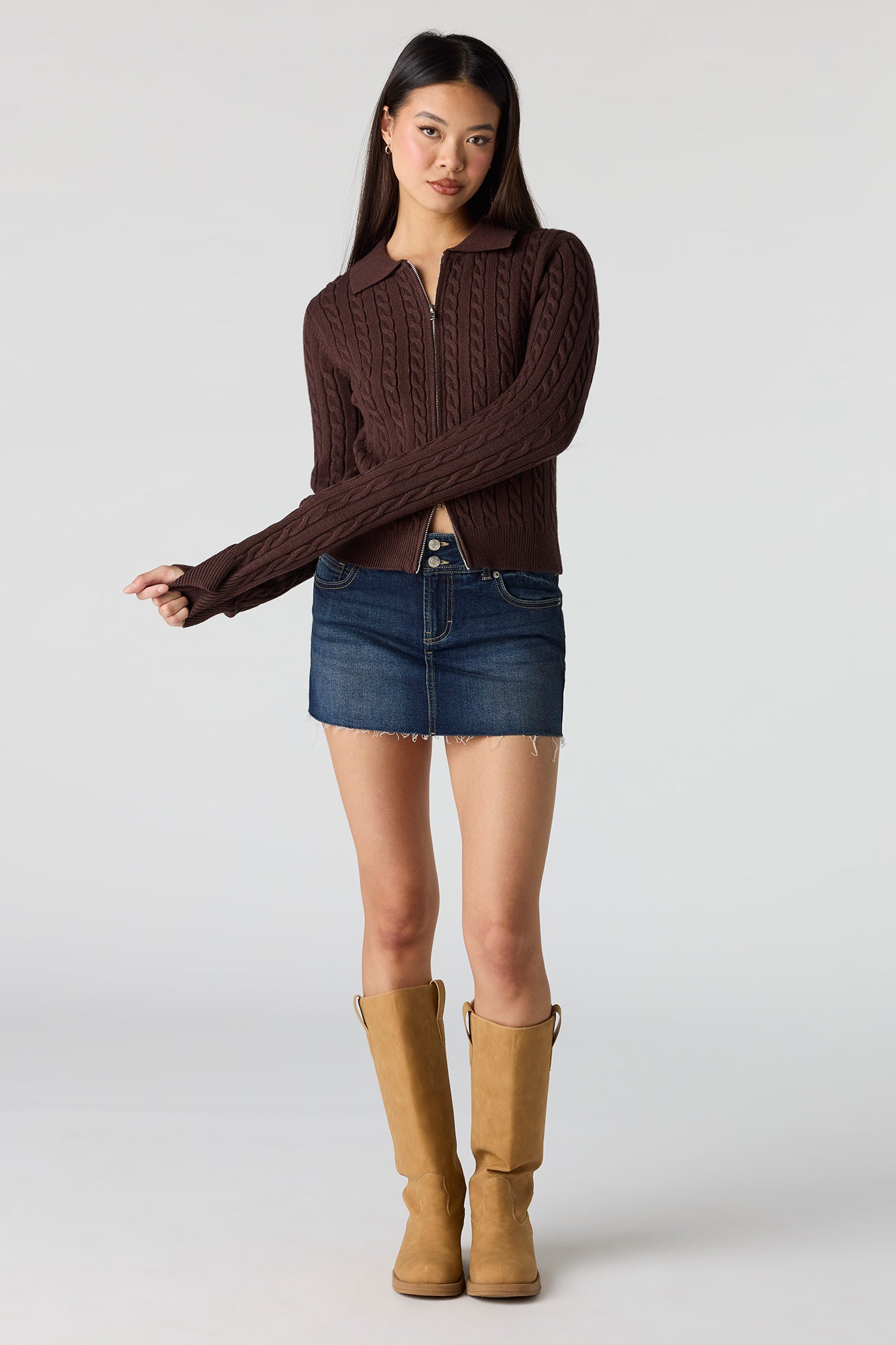 Cable Knit 2-Way Zip-Up Sweater