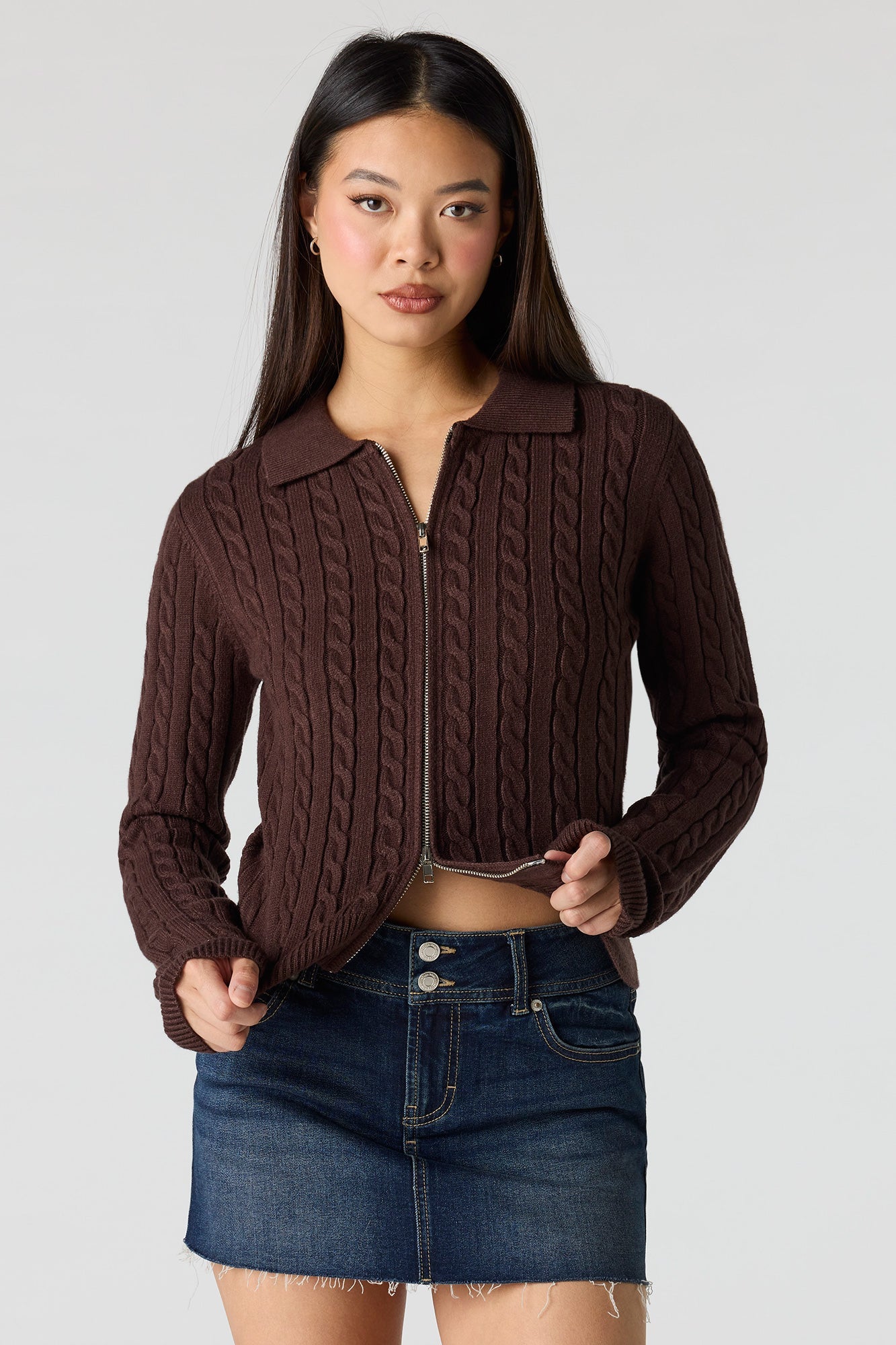 Cable Knit 2-Way Zip-Up Sweater