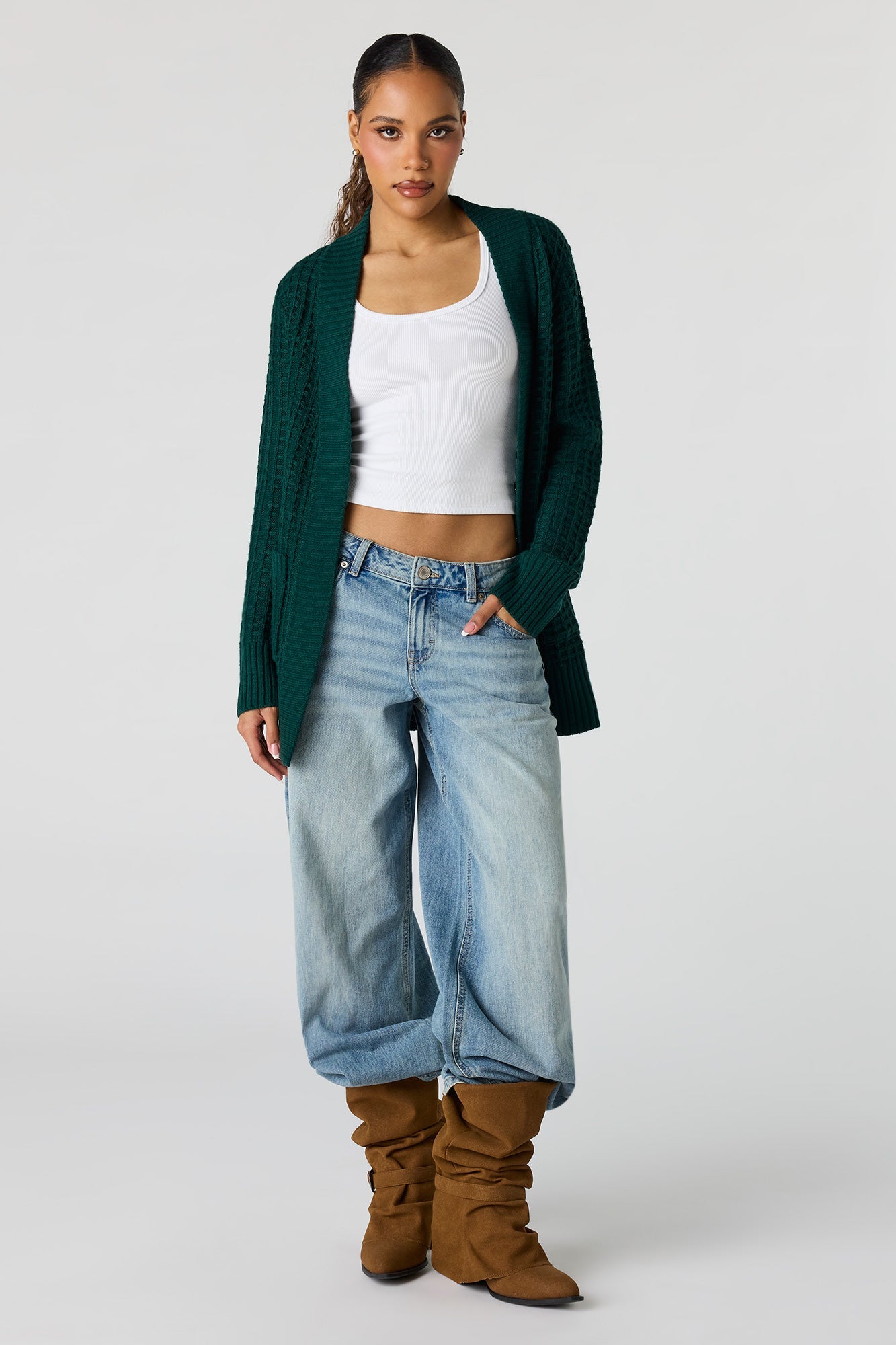 Waffle Knit Open Front Cardigan