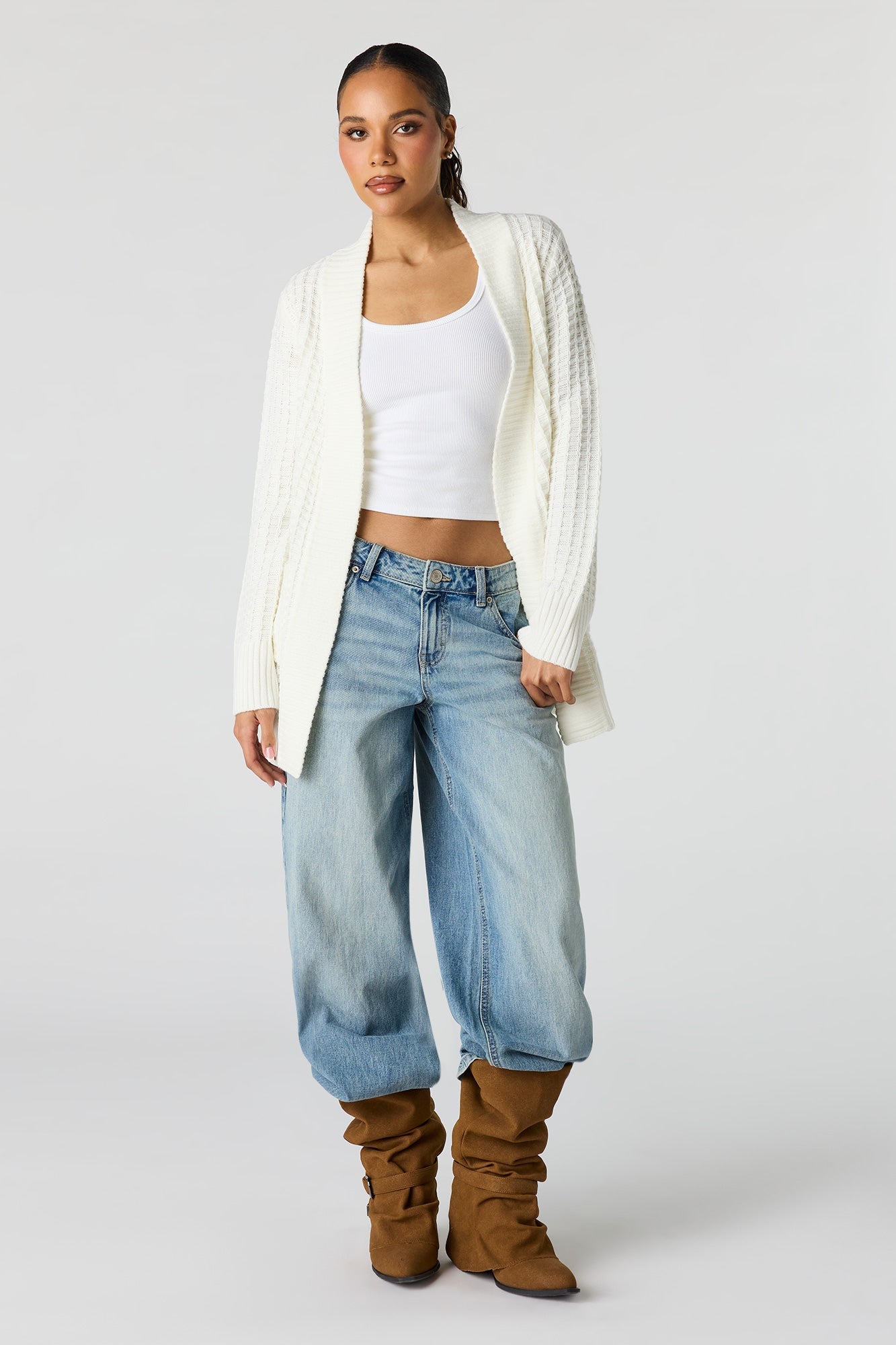 Waffle Knit Open Front Cardigan