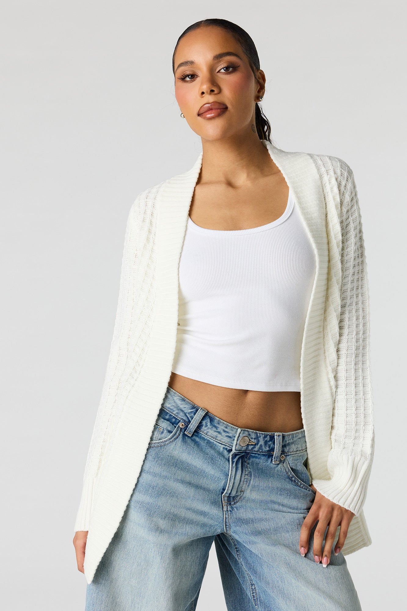 Waffle Knit Open Front Cardigan