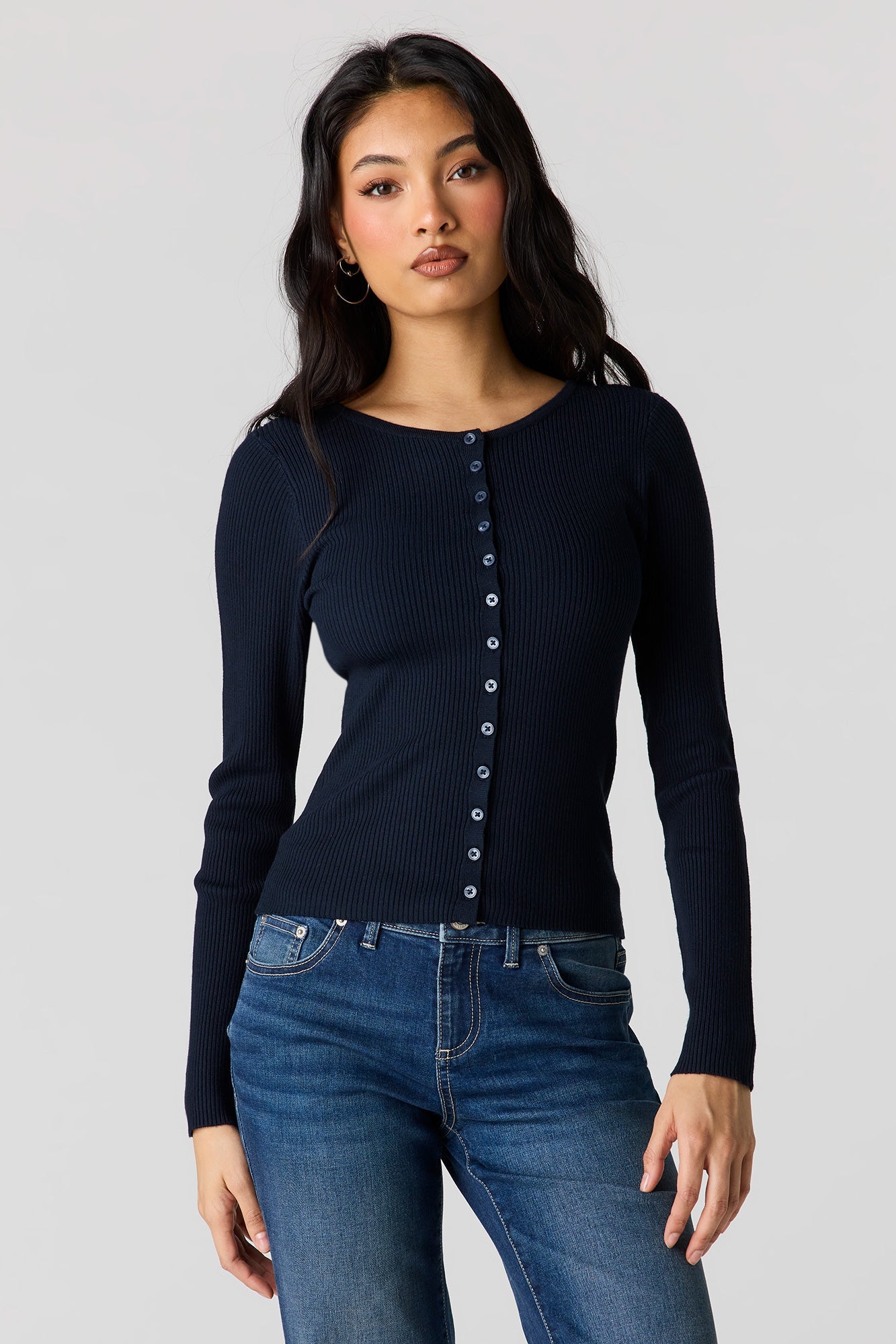Ribbed Knit Button Front Cardigan