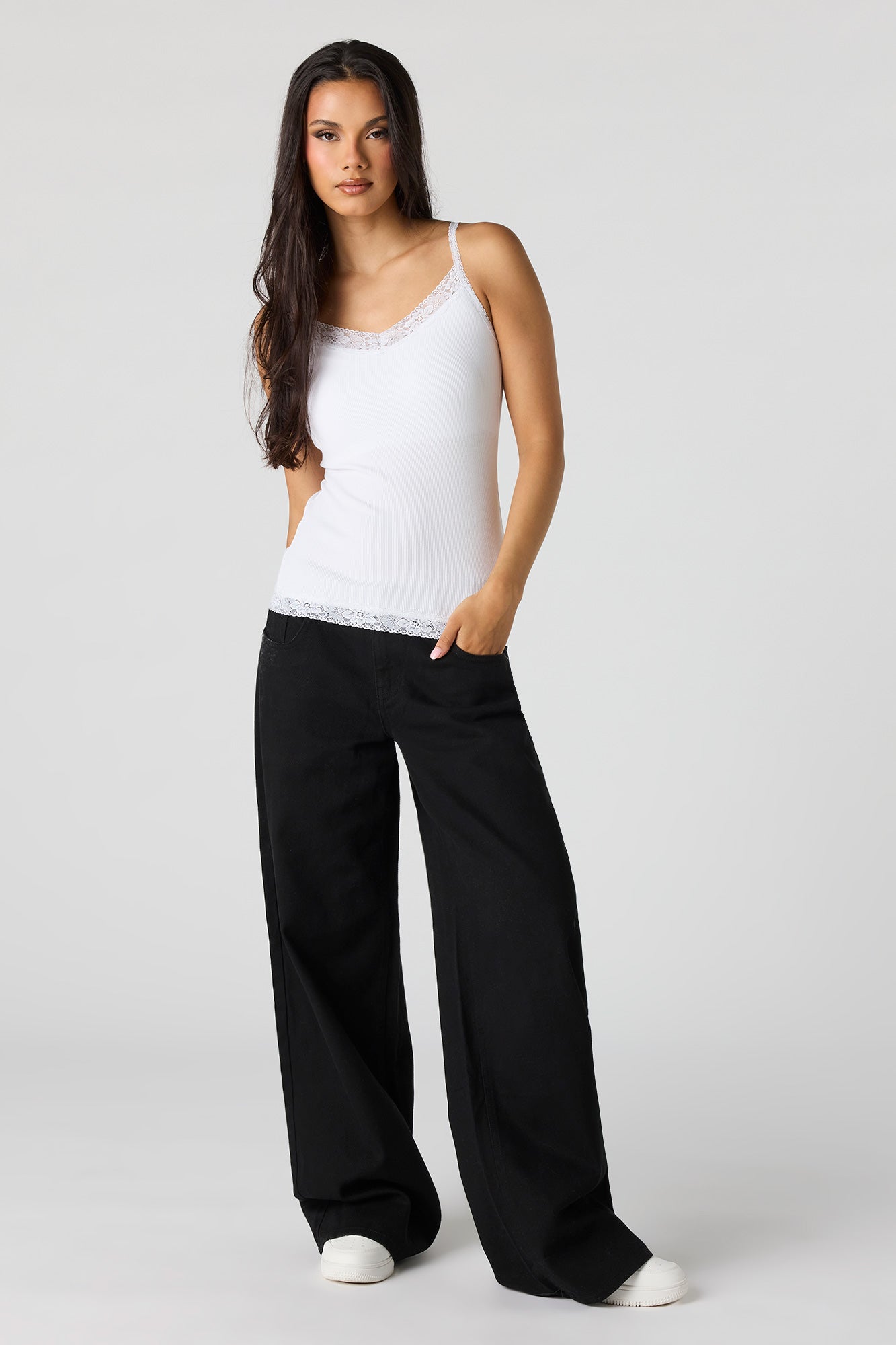 Ribbed Lace Trim V-Neck Cami