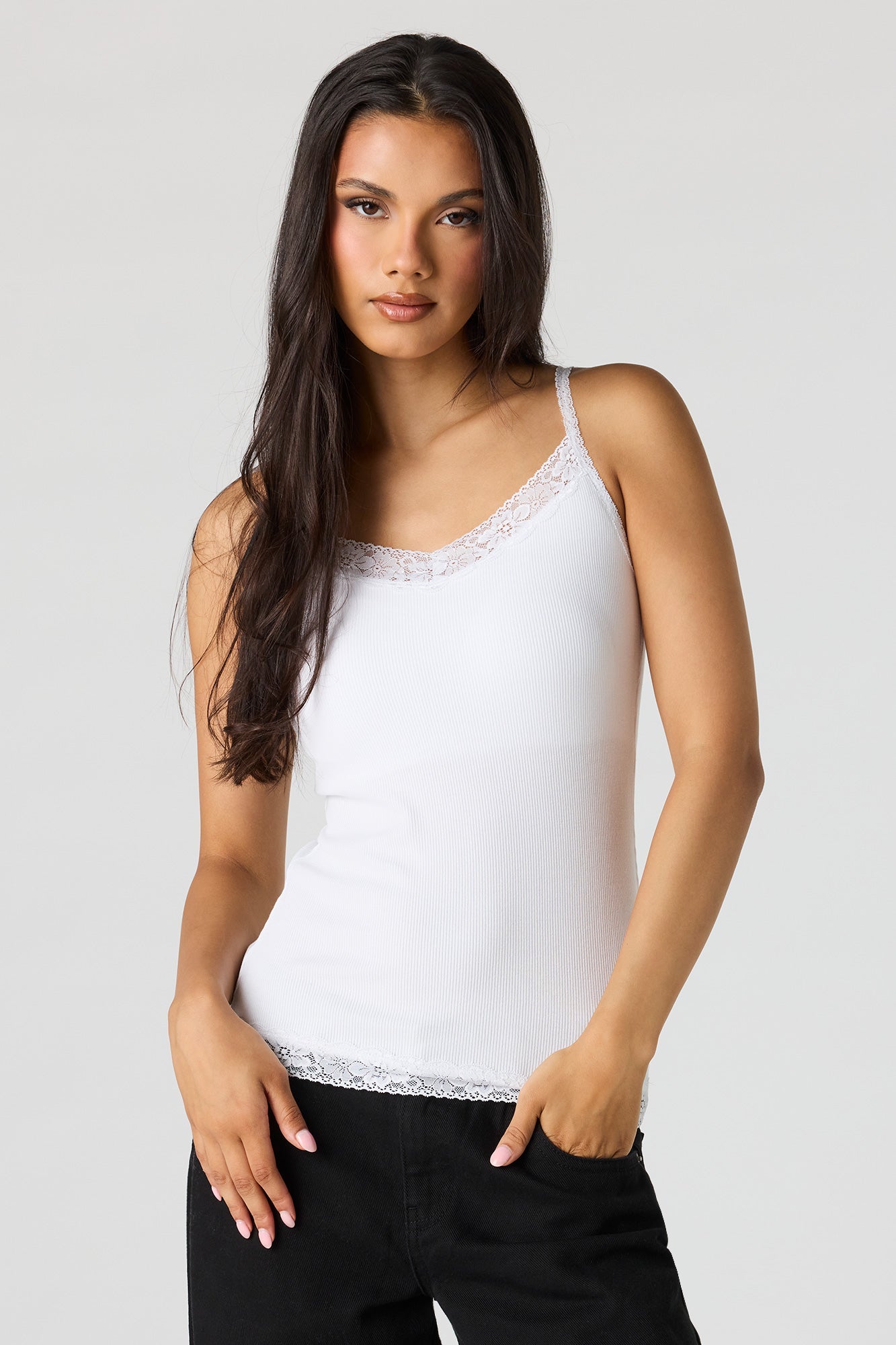 Ribbed Lace Trim V-Neck Cami