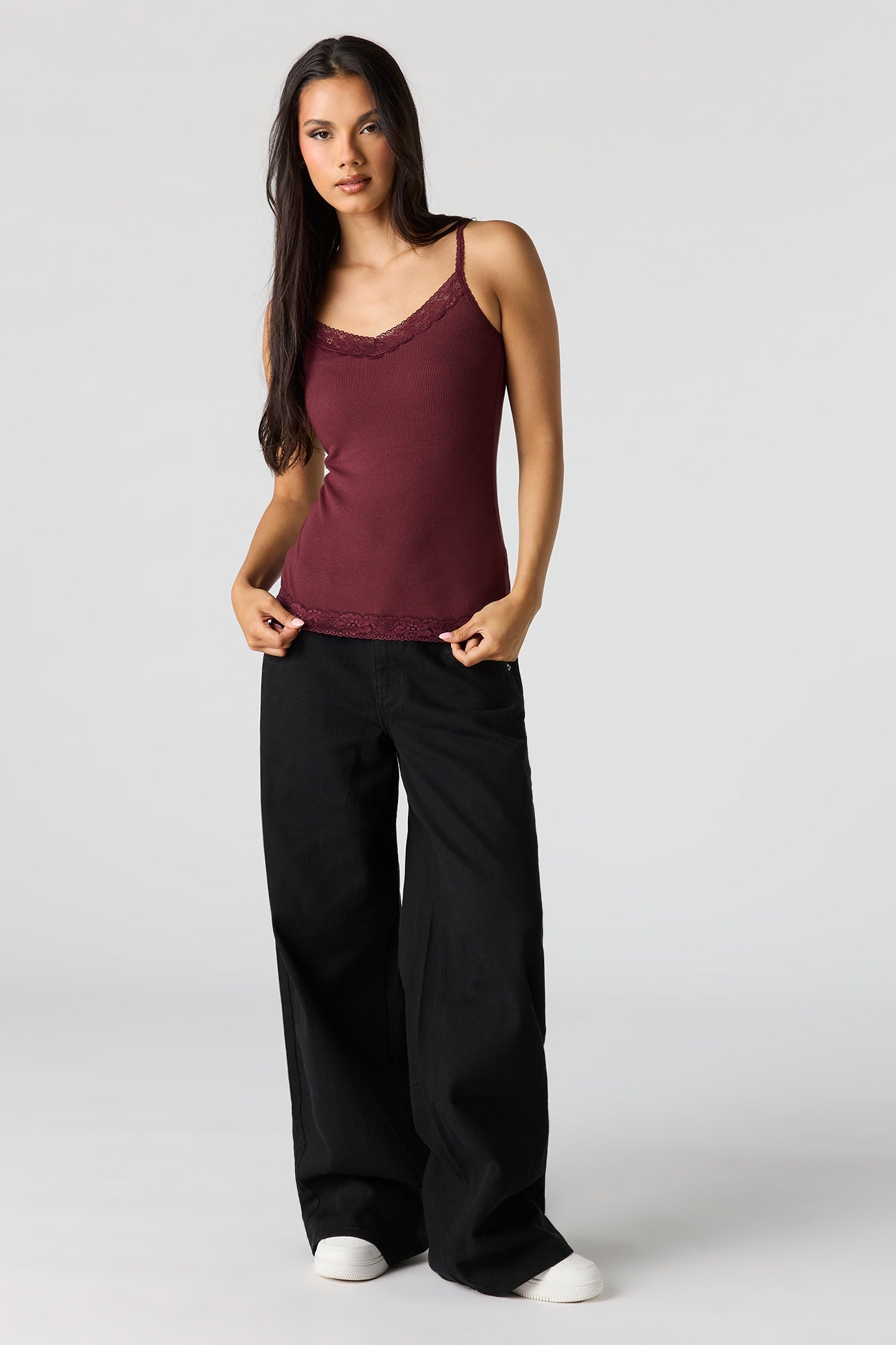 Ribbed Lace Trim V-Neck Cami