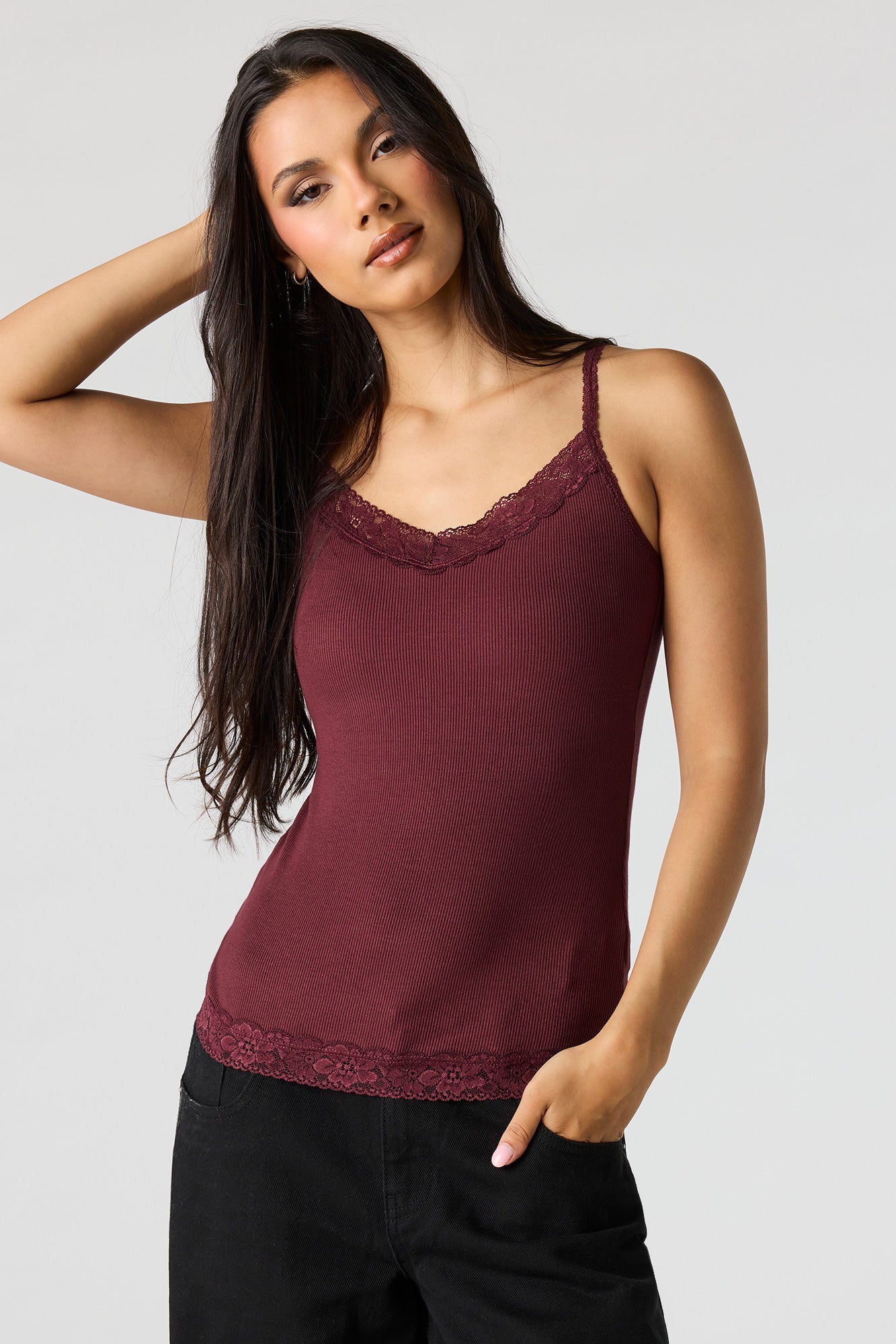 Ribbed Lace Trim V-Neck Cami