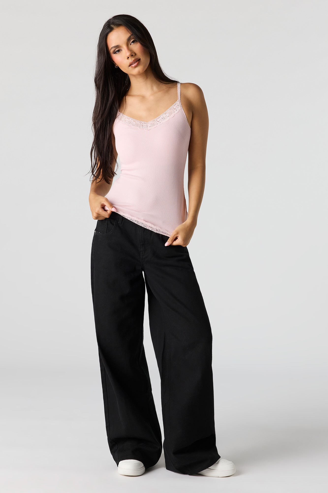 Ribbed Lace Trim V-Neck Cami