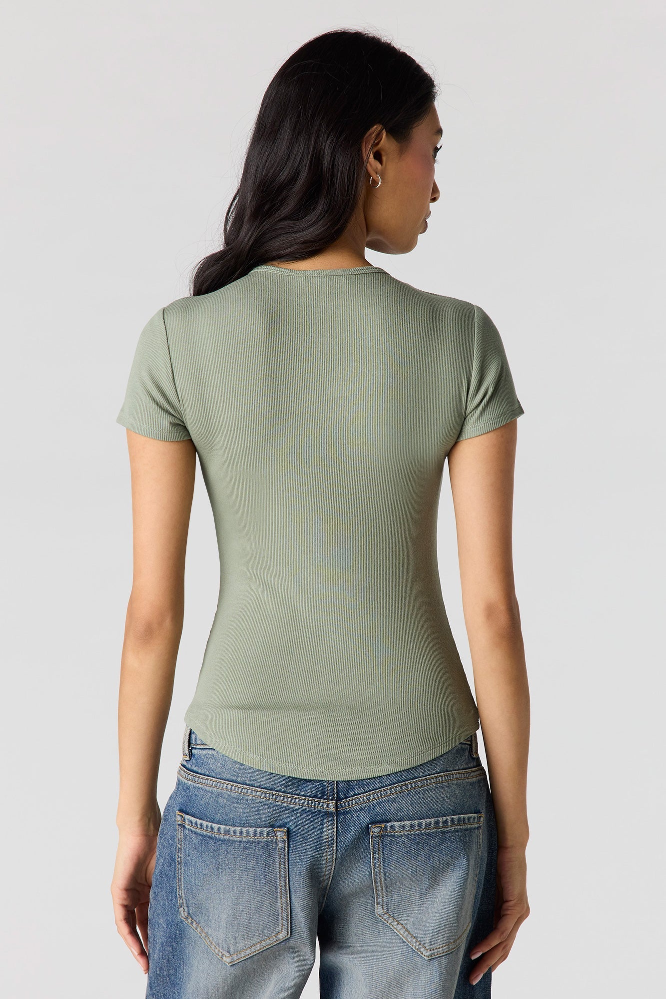 Ribbed Curved Hem T-Shirt