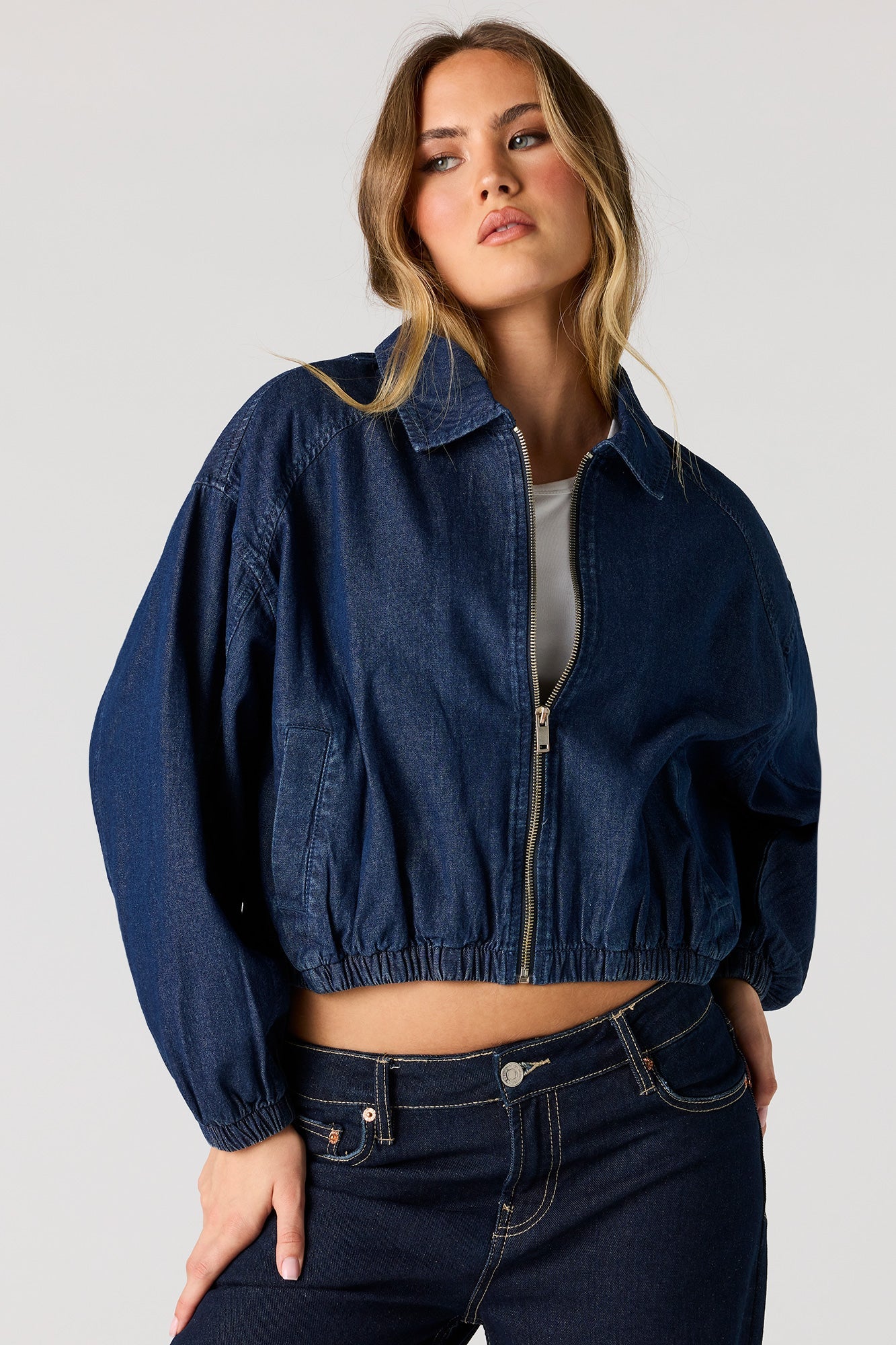 Zip-Up Denim Bomber Jacket