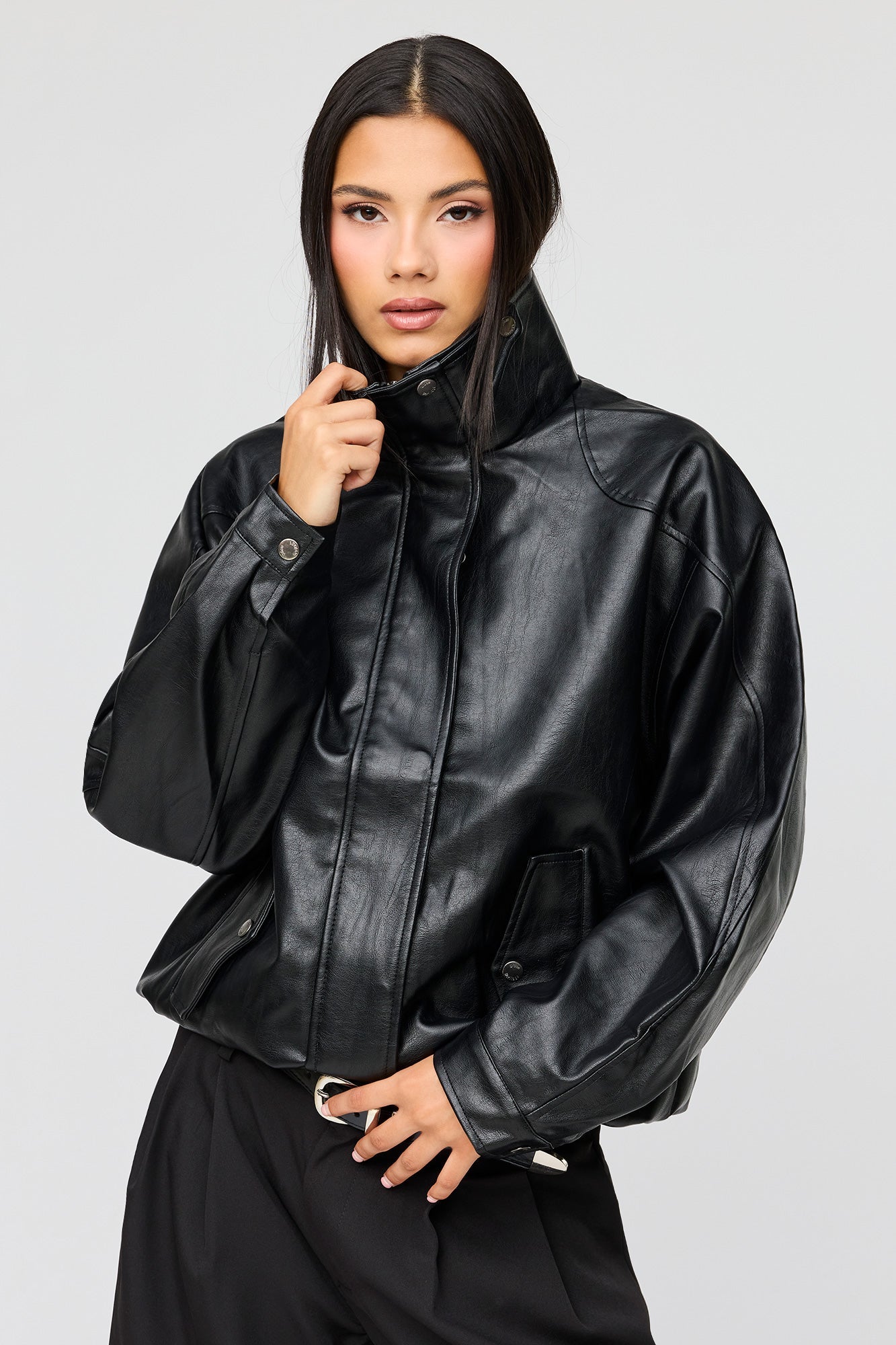Faux Leather Oversized Bomber Jacket