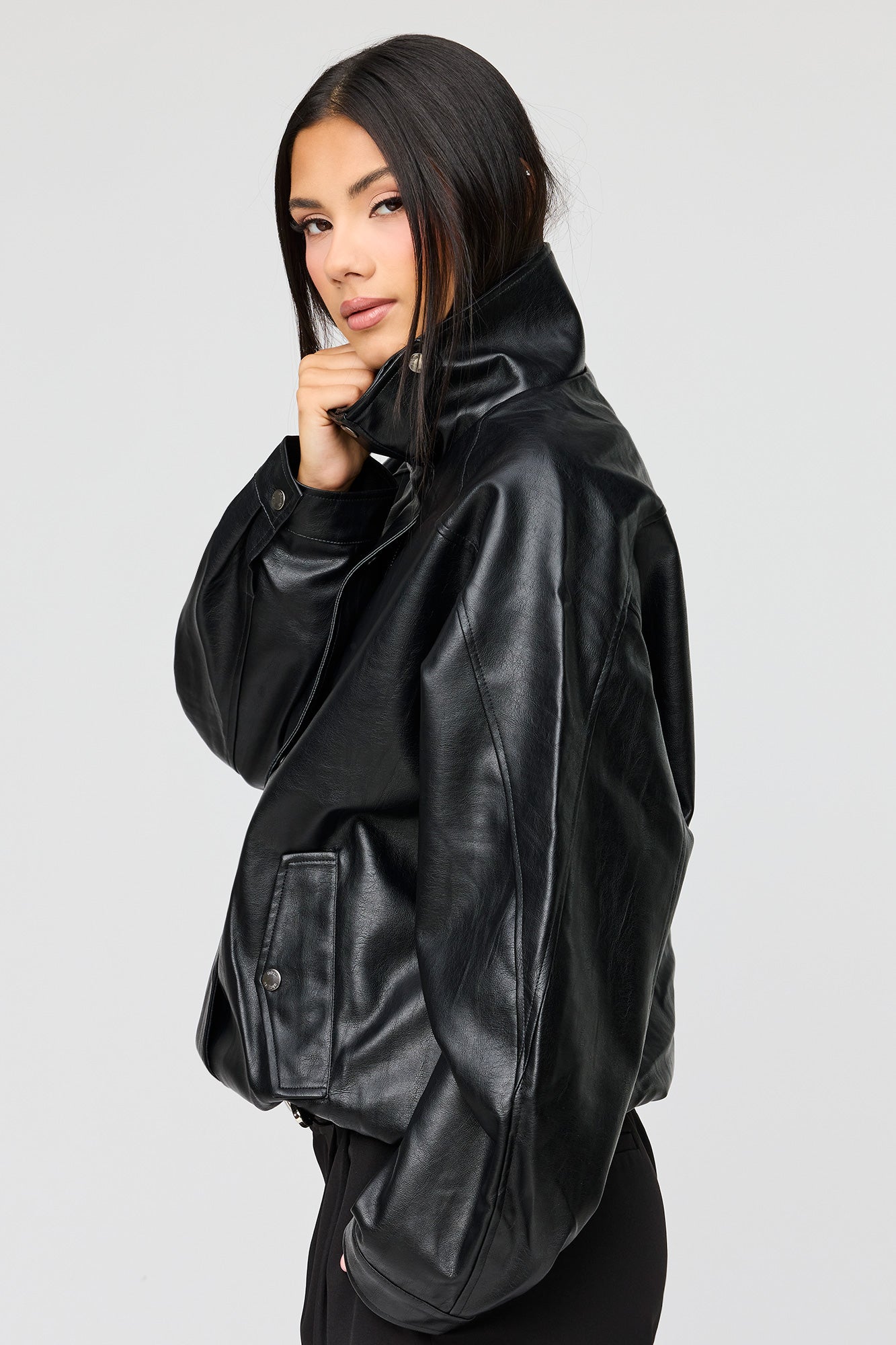 Faux Leather Oversized Bomber Jacket