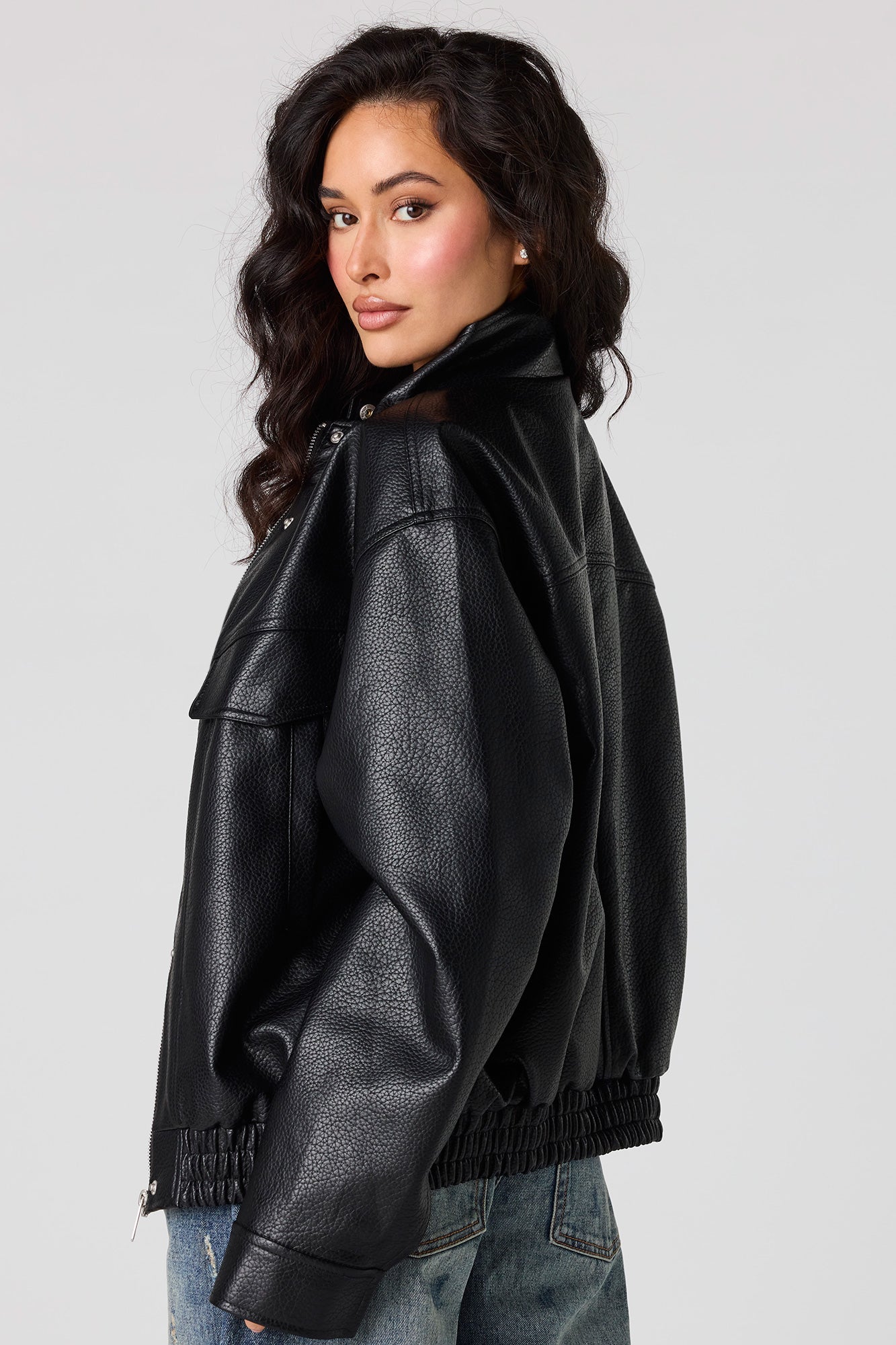 Faux Leather Oversized Bomber Jacket