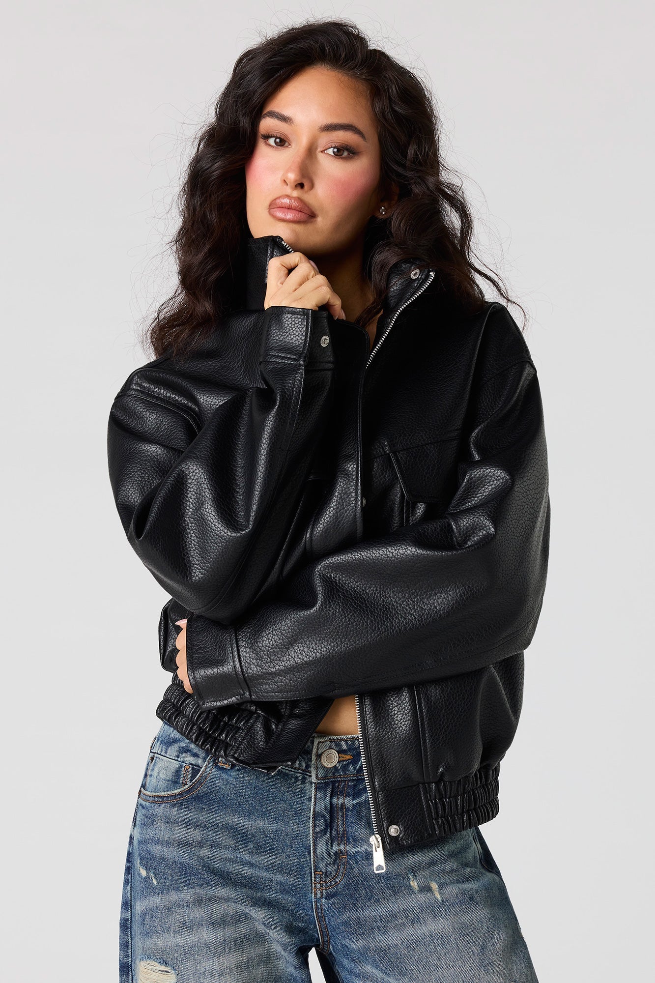 Faux Leather Oversized Bomber Jacket