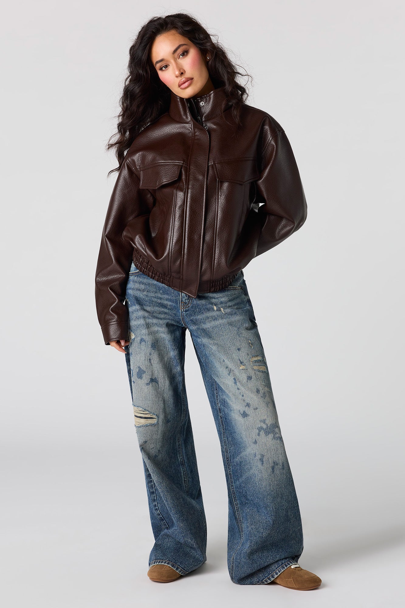 Faux Leather Oversized Bomber Jacket