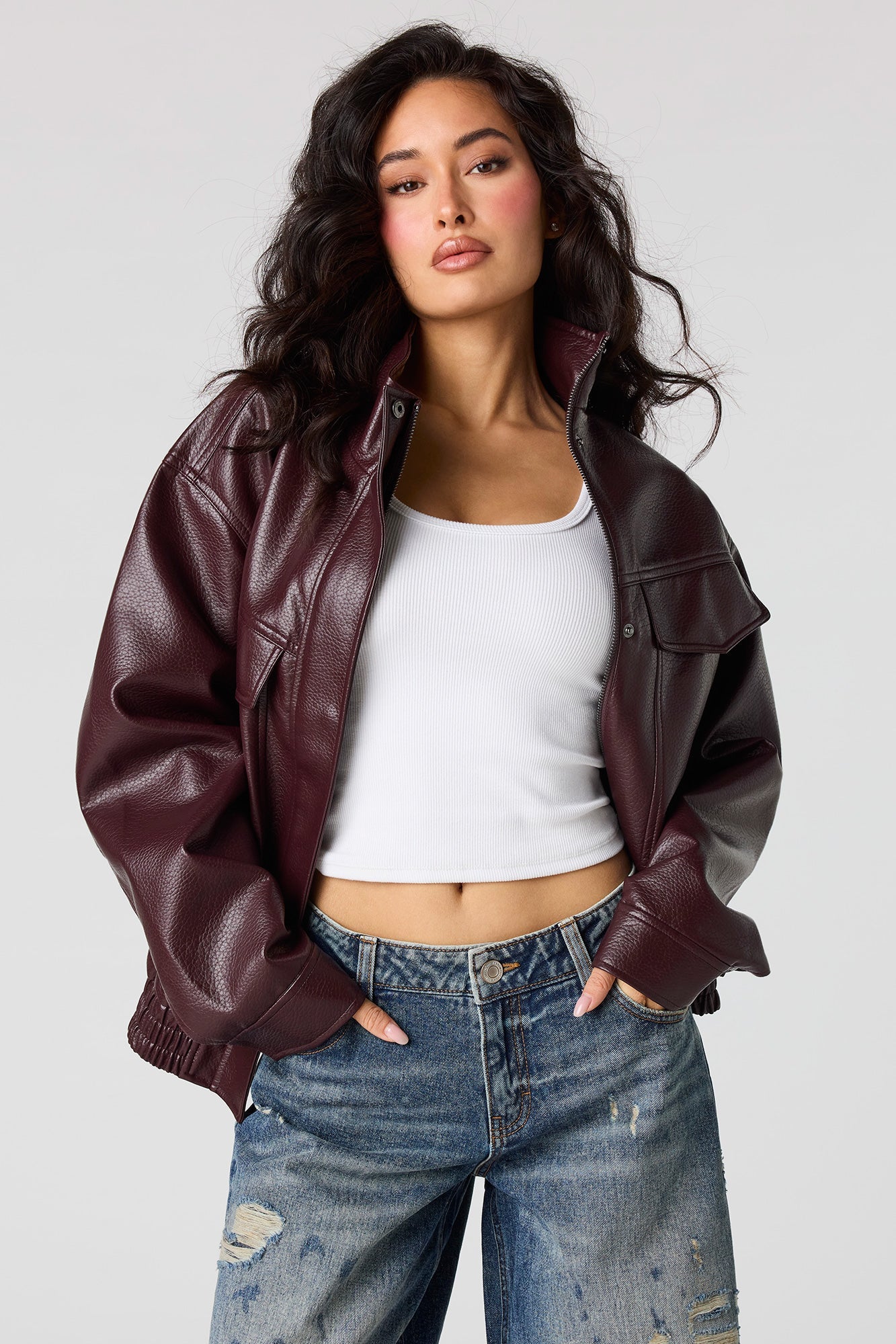 Faux Leather Oversized Bomber Jacket