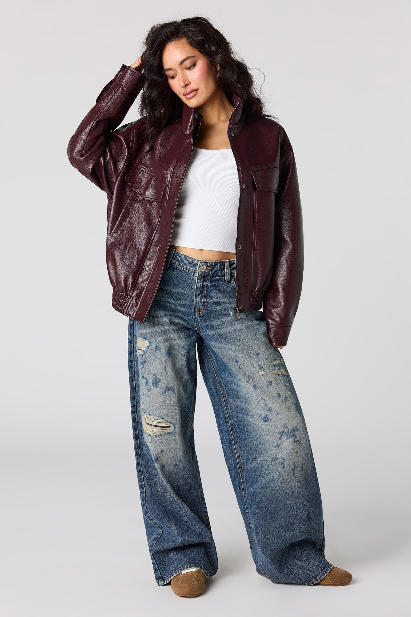 Faux Leather Oversized Bomber Jacket