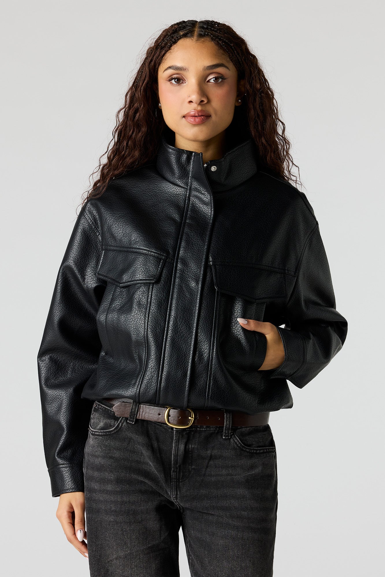 Faux Leather Oversized Bomber Jacket