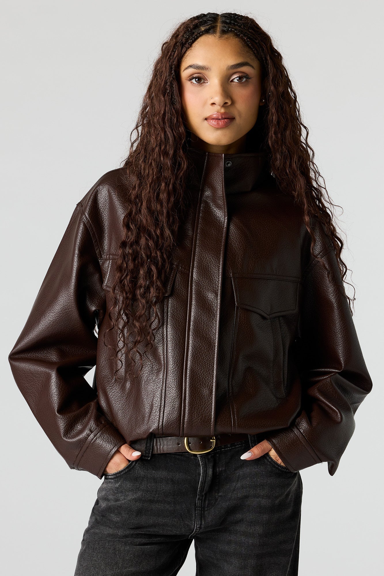 Faux Leather Oversized Bomber Jacket