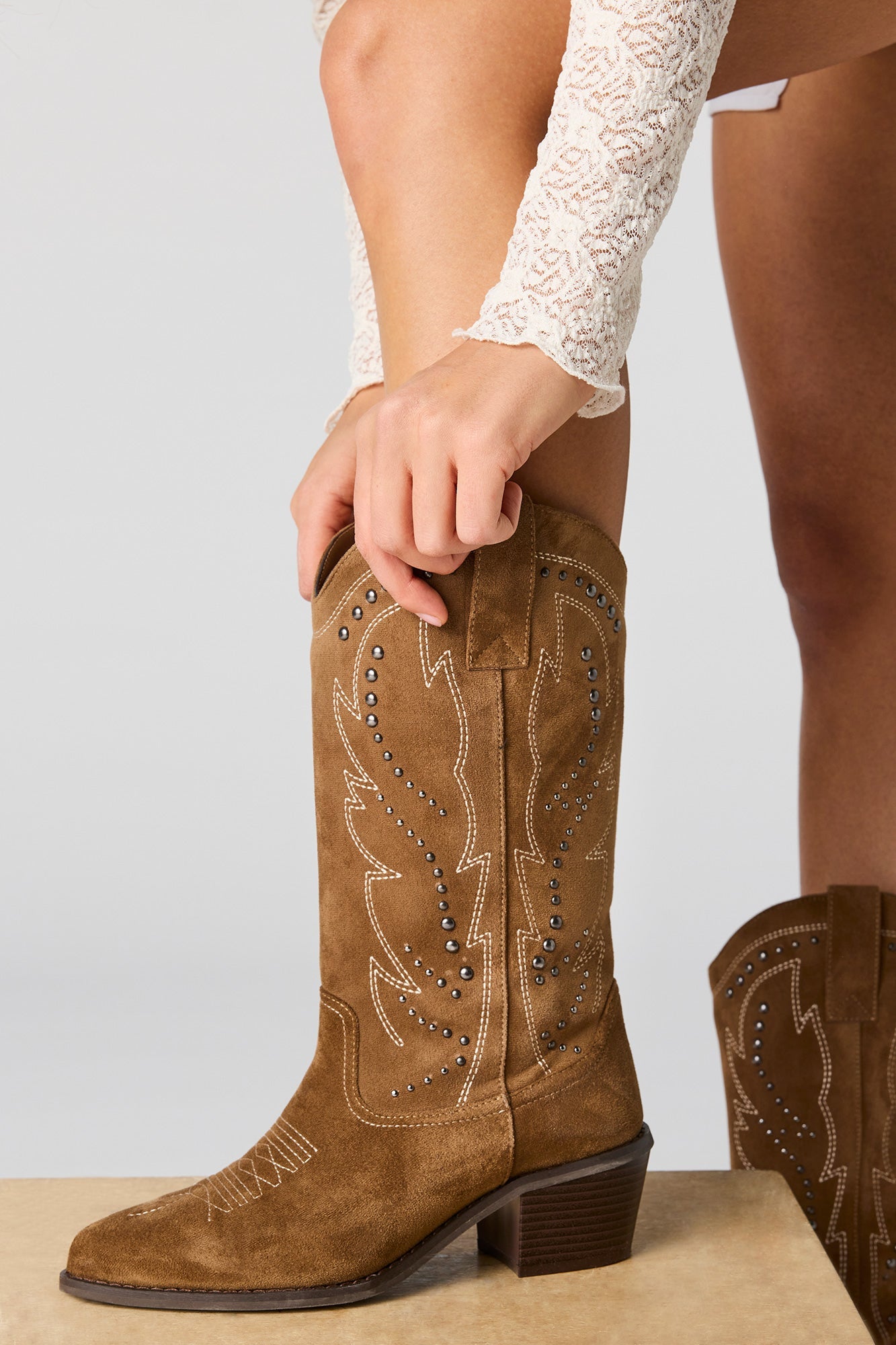 Faux Suede Studded Cowboy Boot