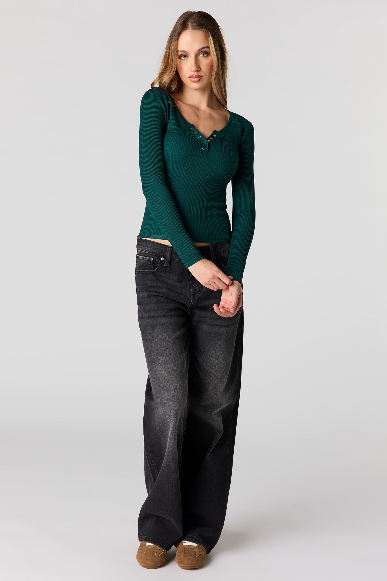 Ribbed Long Sleeve Henley Top