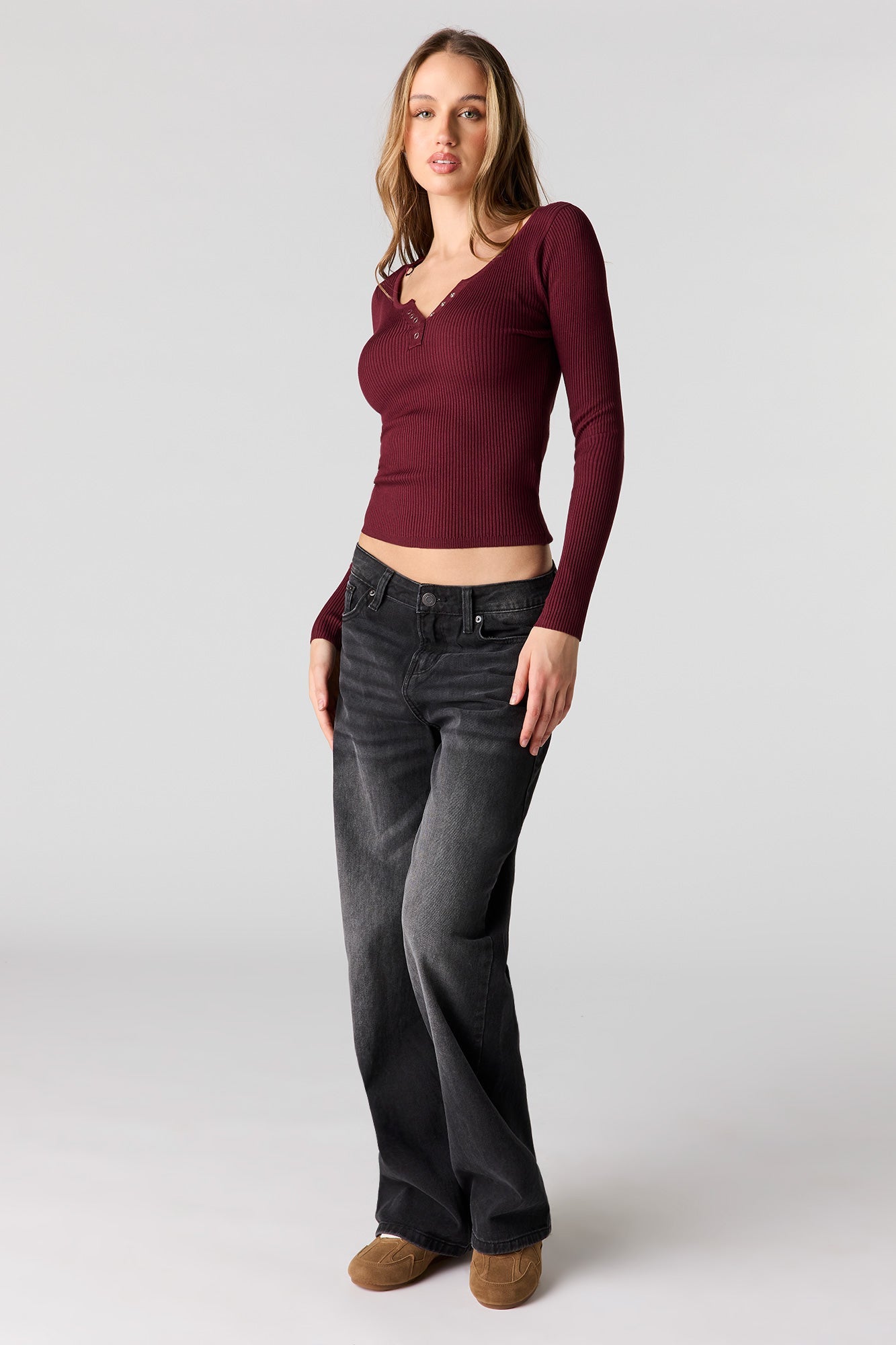 Ribbed Long Sleeve Henley Top