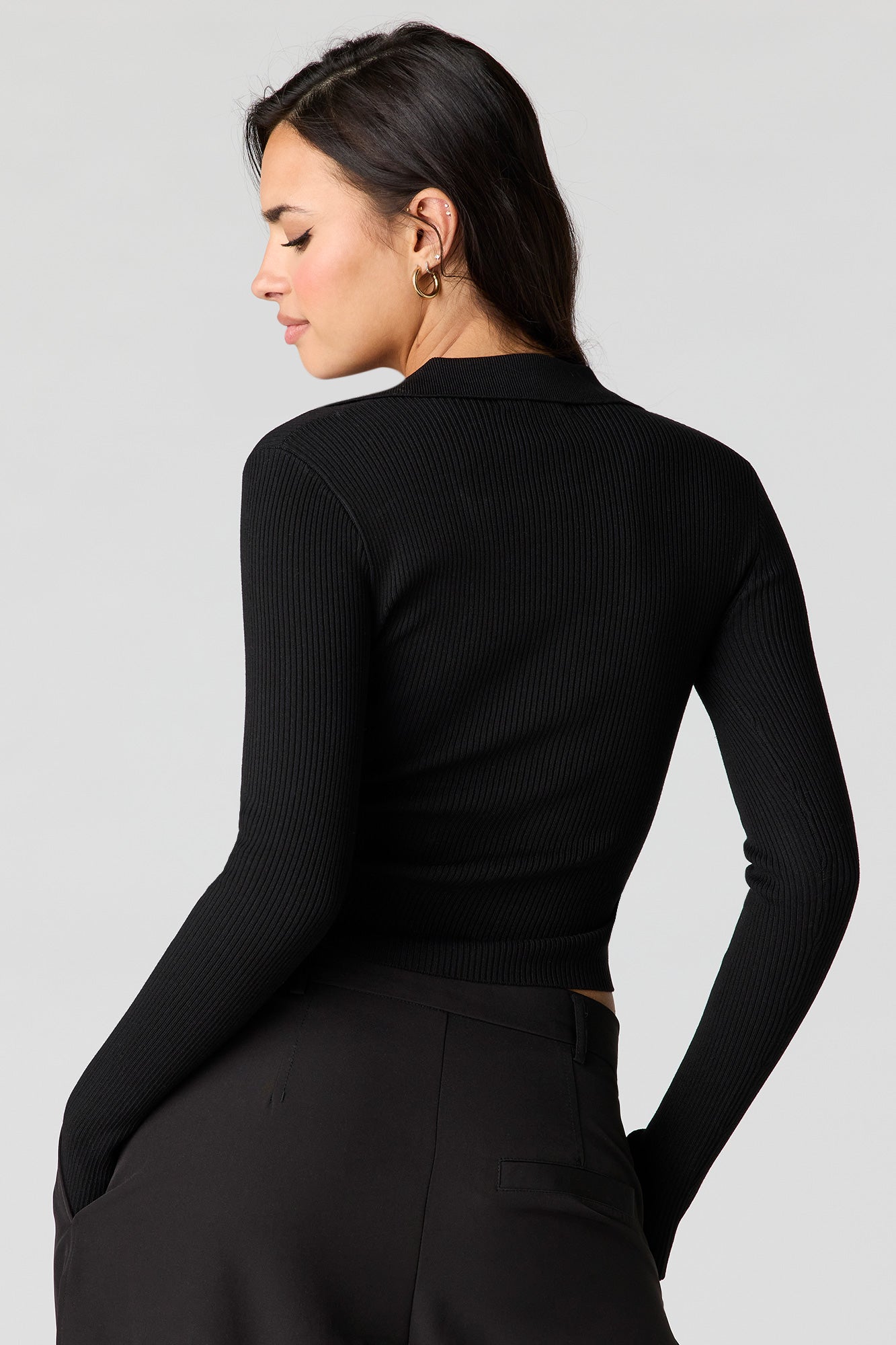 Ribbed Knit Polo Sweater