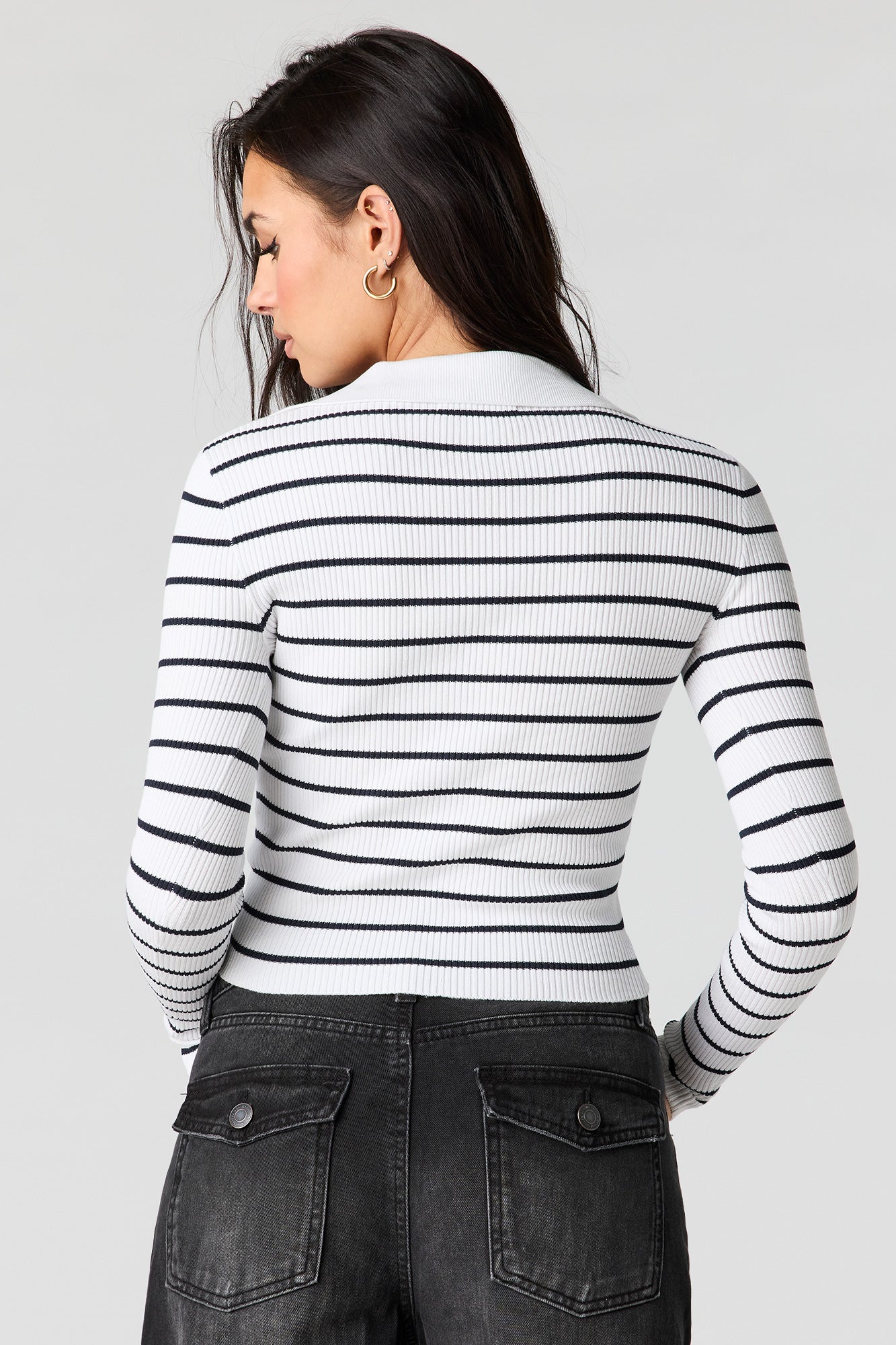 Striped Ribbed Knit Polo Sweater