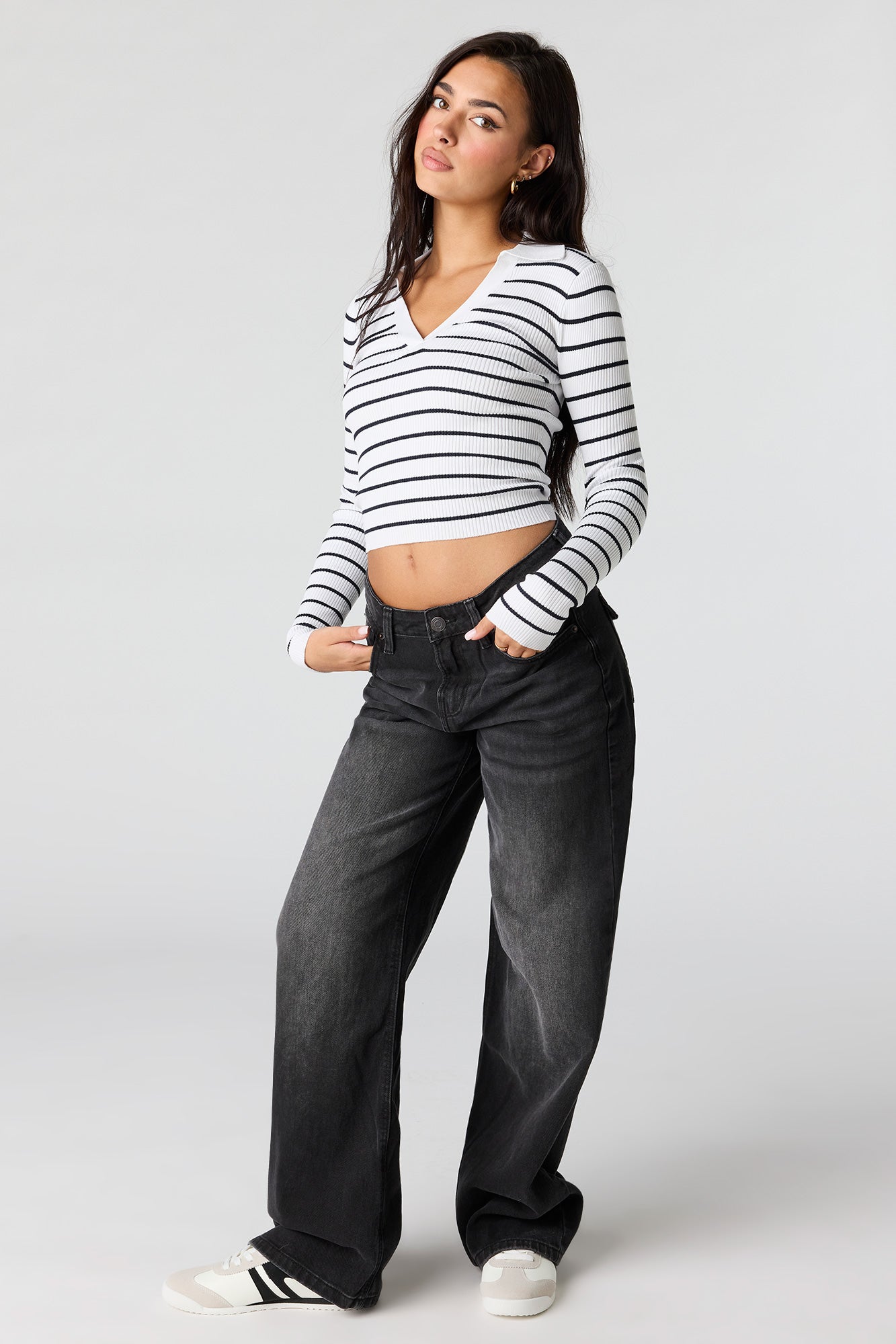 Striped Ribbed Knit Polo Sweater