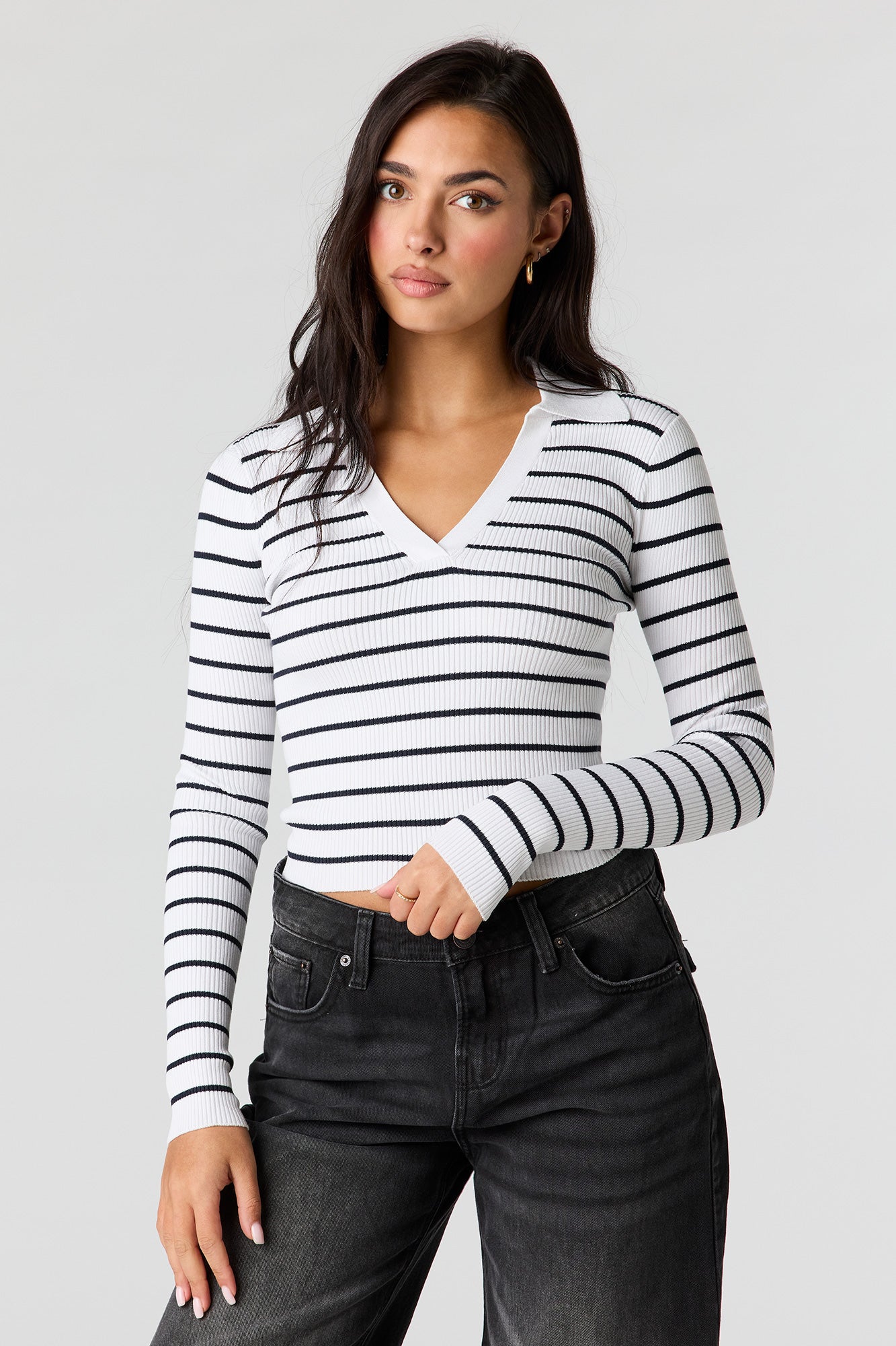Striped Ribbed Knit Polo Sweater