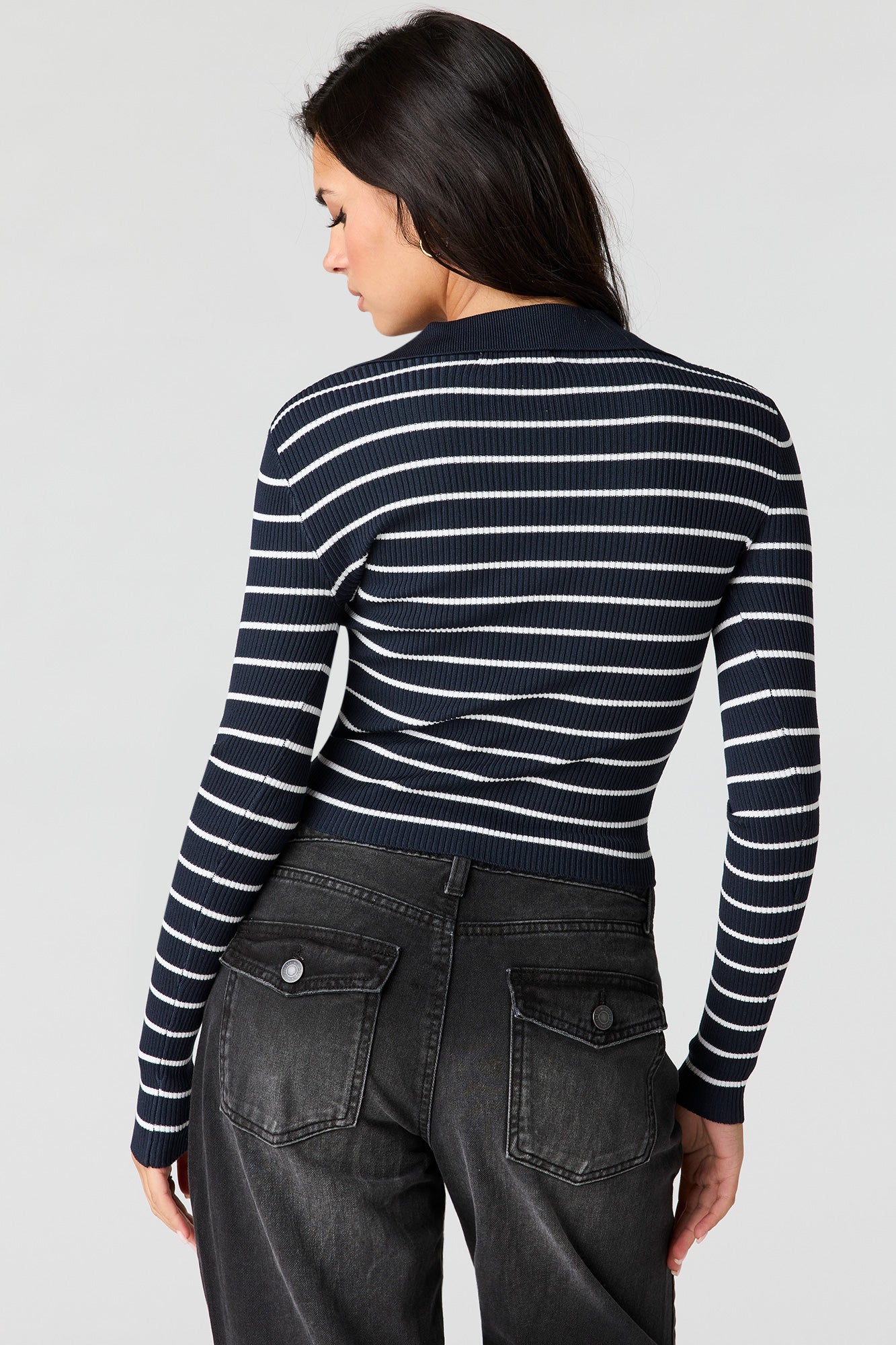 Striped Ribbed Knit Polo Sweater
