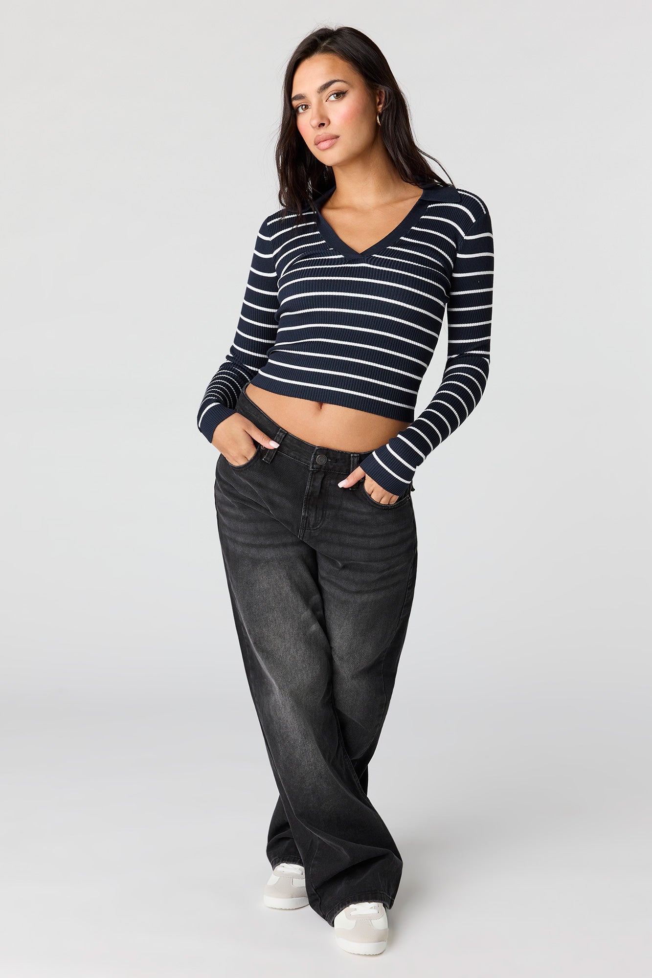 Striped Ribbed Knit Polo Sweater