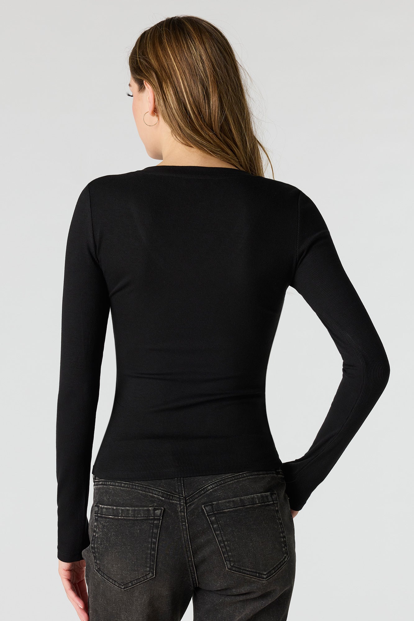 Ribbed V-Neck Long Sleeve Top