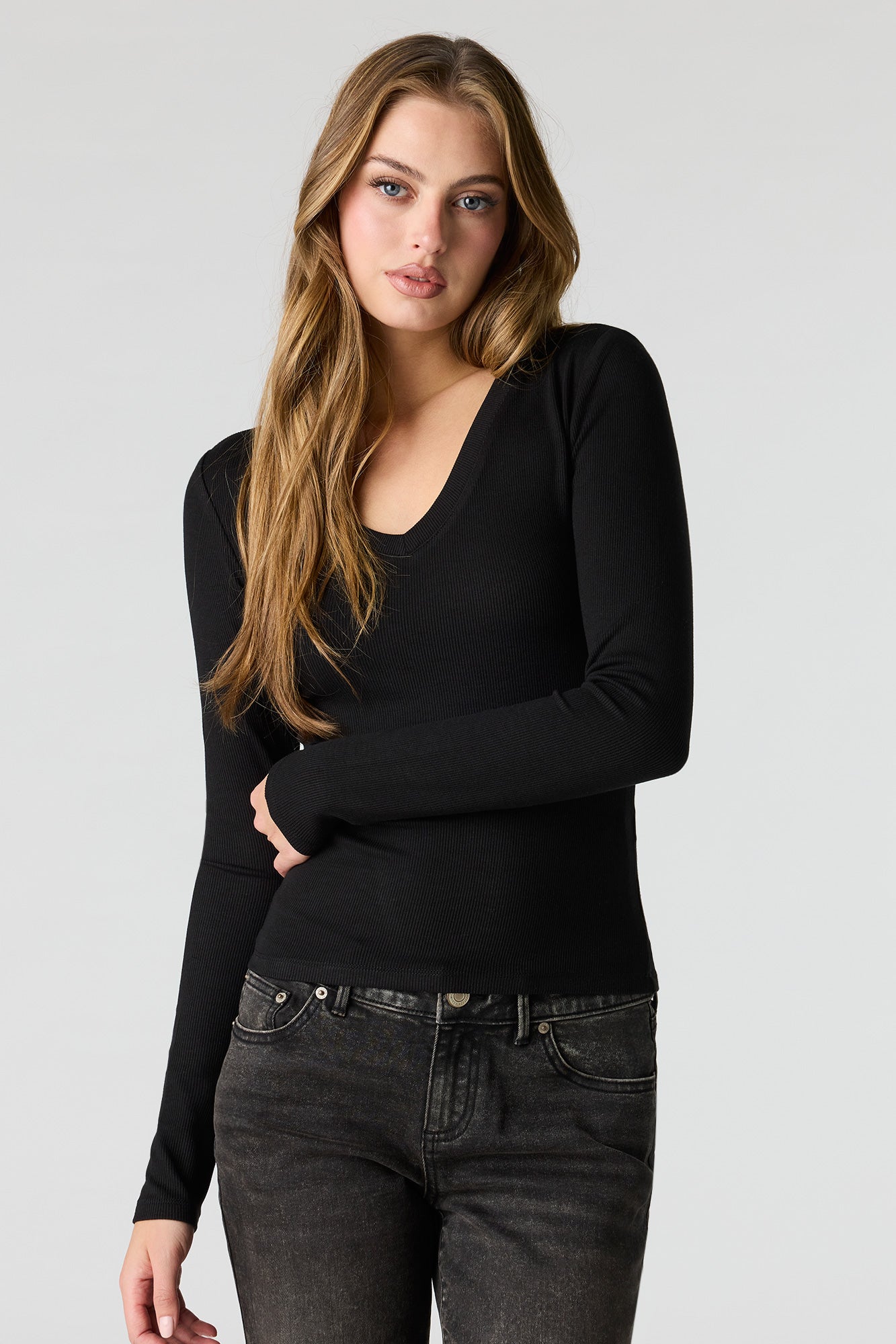 Ribbed V-Neck Long Sleeve Top