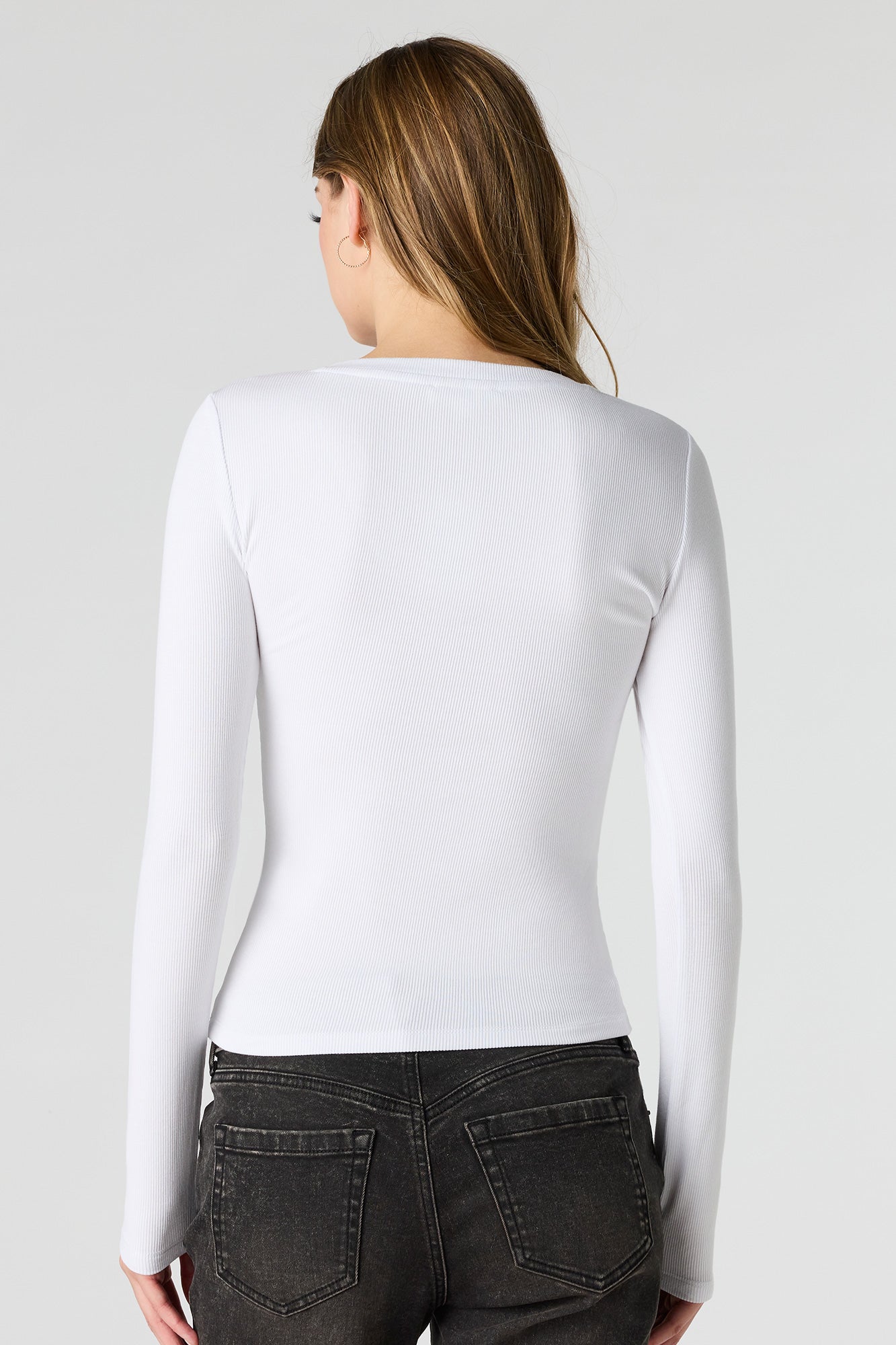 Ribbed V-Neck Long Sleeve Top