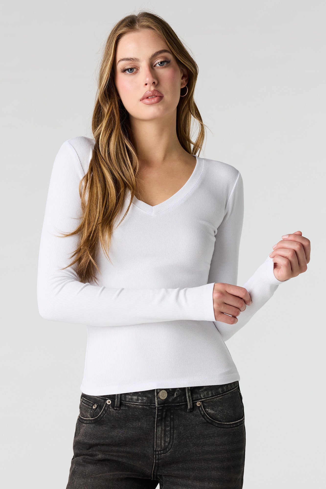 Ribbed V-Neck Long Sleeve Top