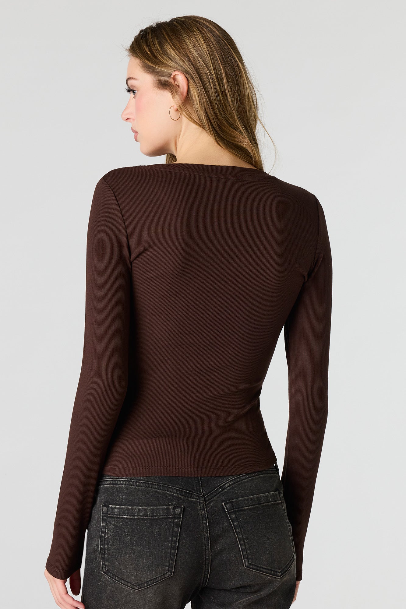 Ribbed V-Neck Long Sleeve Top