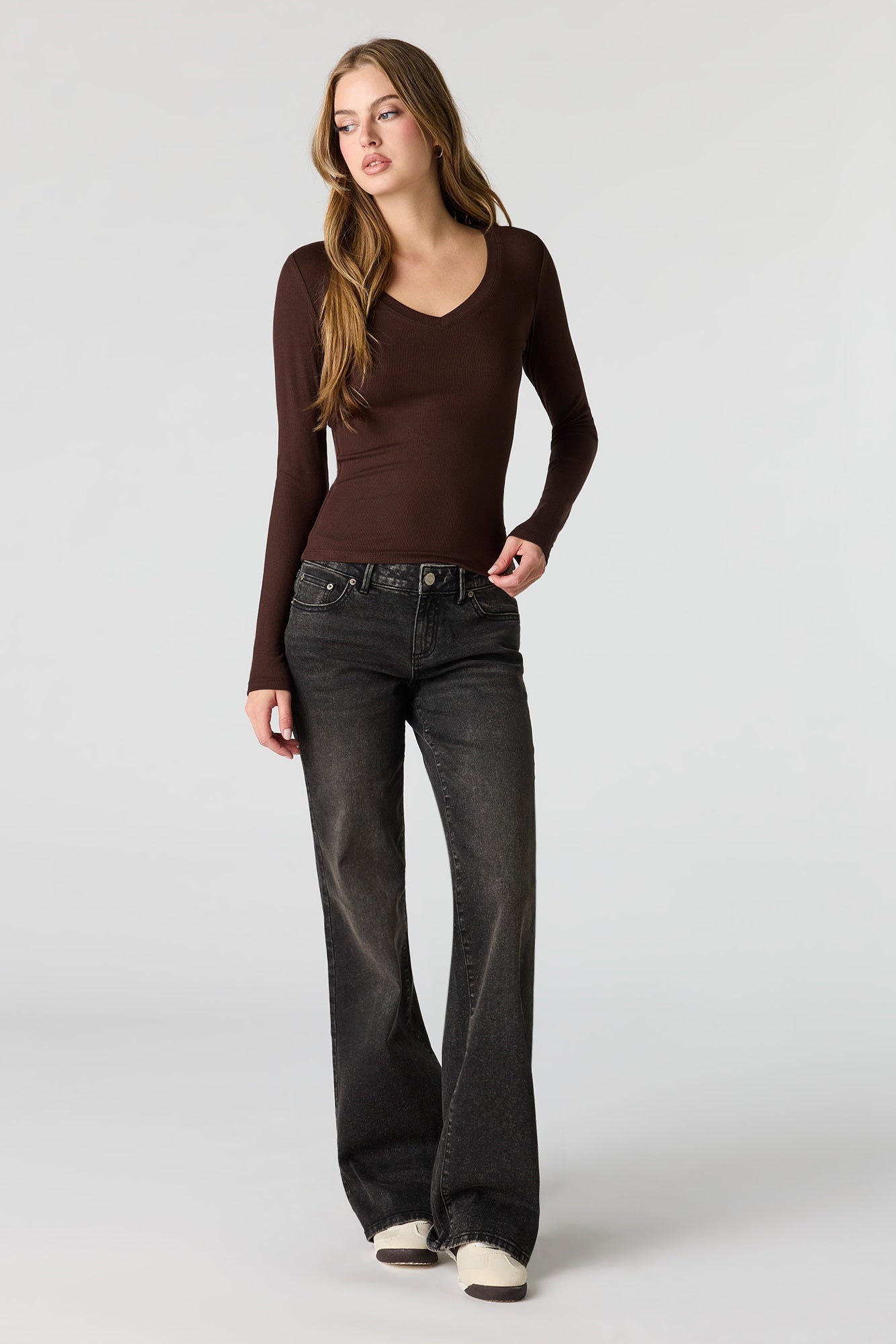 Ribbed V-Neck Long Sleeve Top