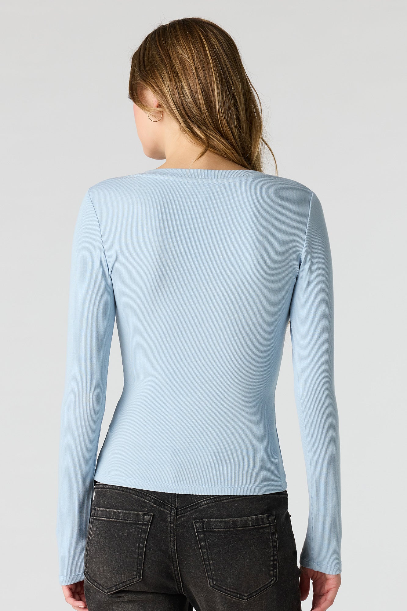 Ribbed V-Neck Long Sleeve Top