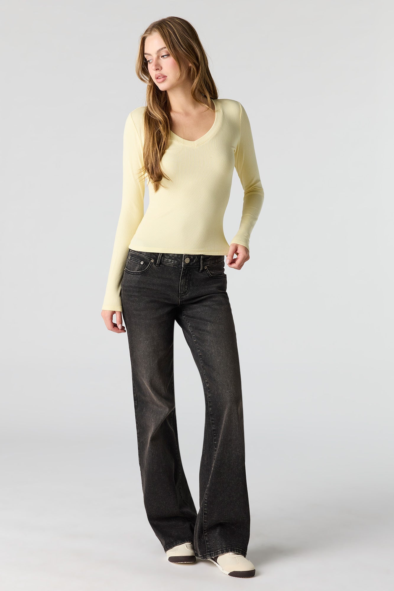 Ribbed V-Neck Long Sleeve Top