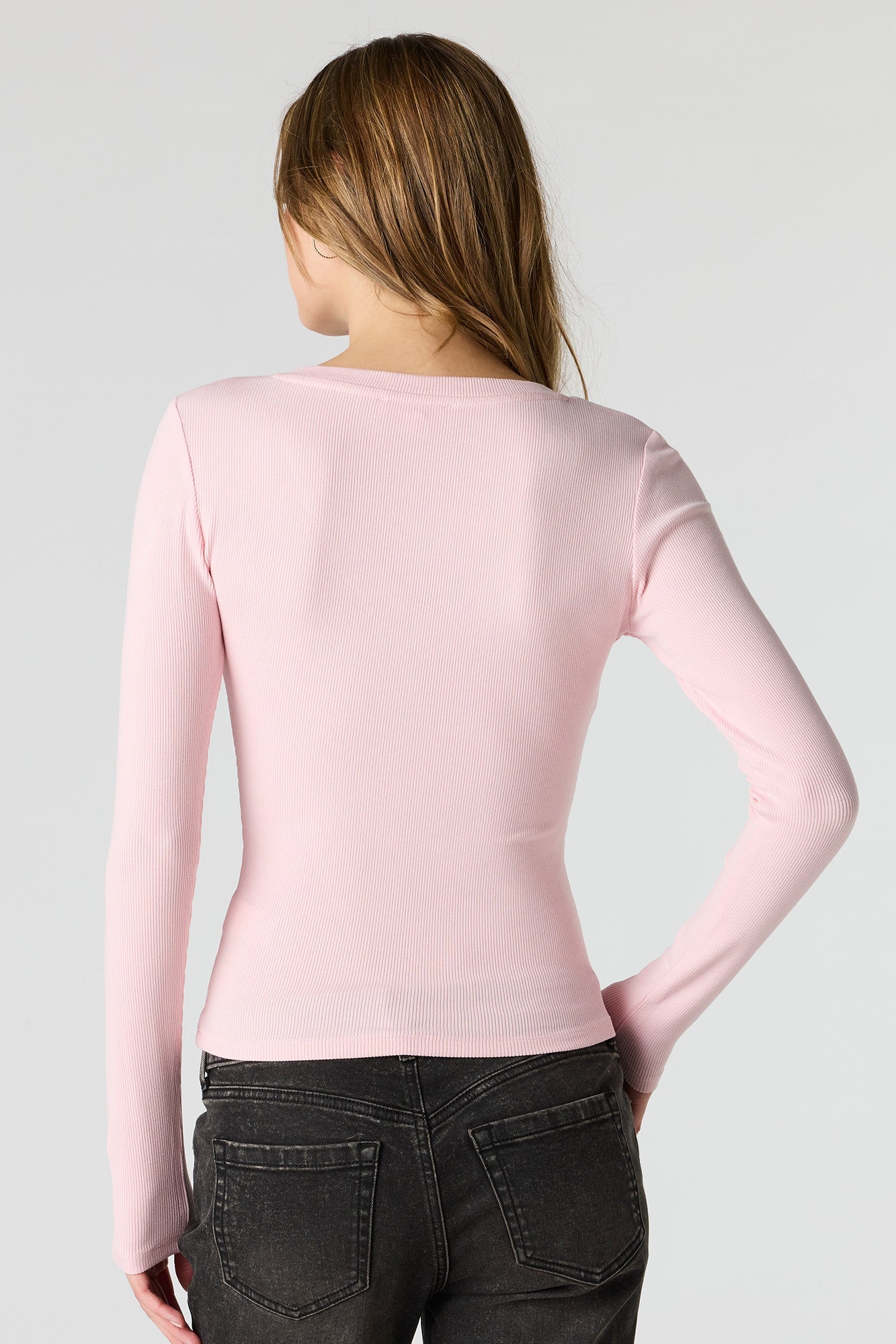 Ribbed V-Neck Long Sleeve Top