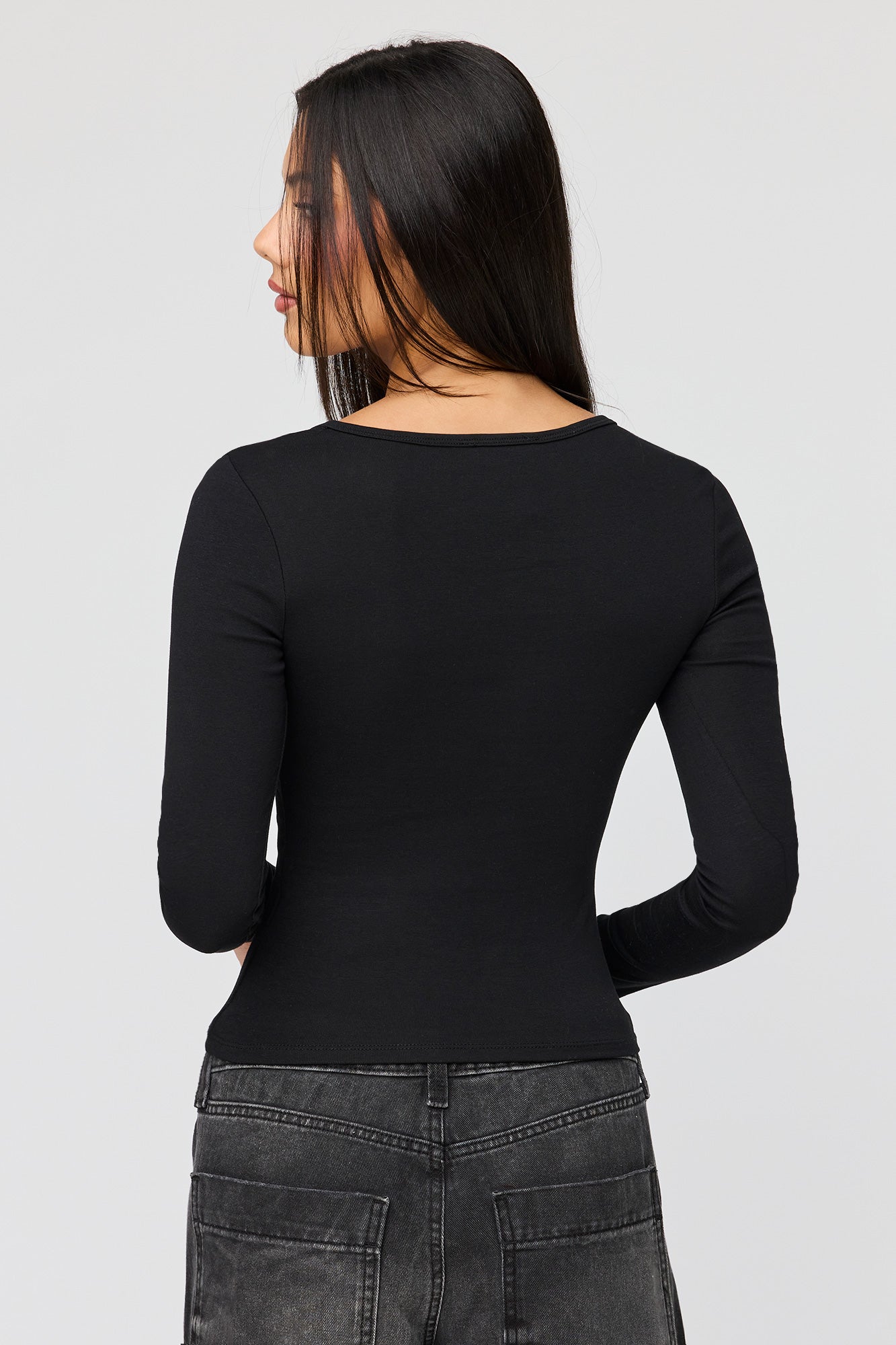 V-Notch Button-Up Long Sleeve Top