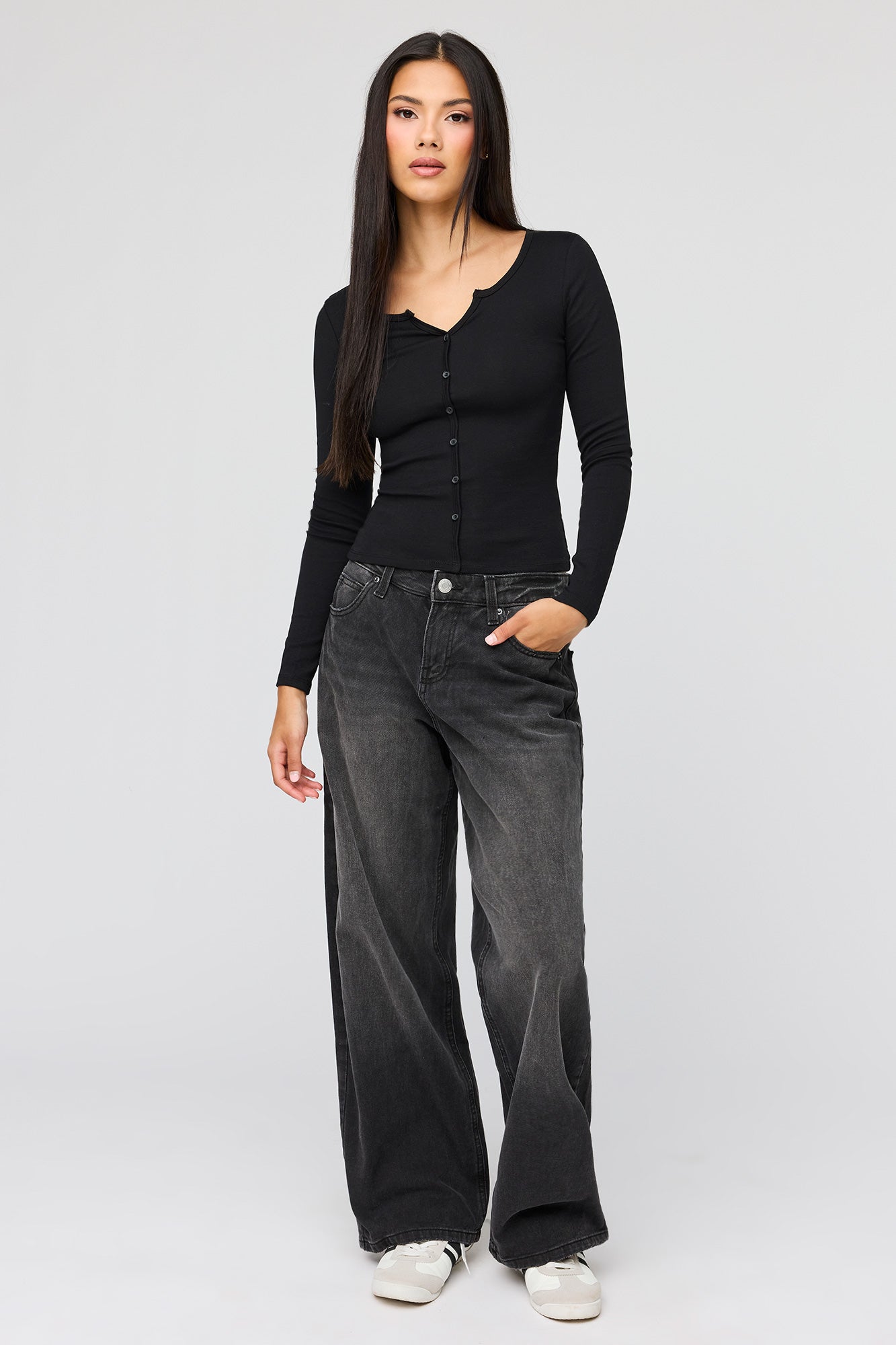 V-Notch Button-Up Long Sleeve Top