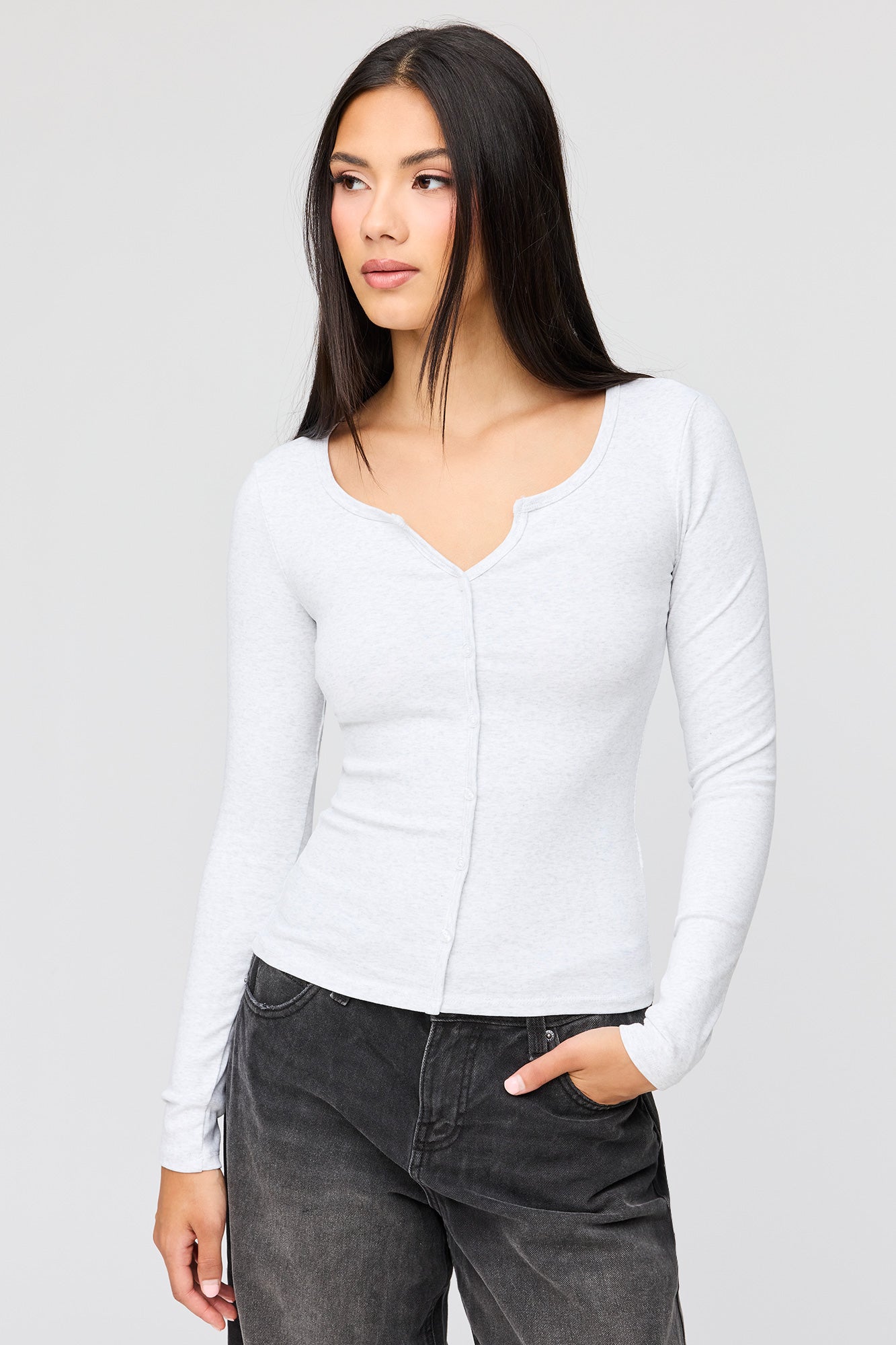 V-Notch Button-Up Long Sleeve Top