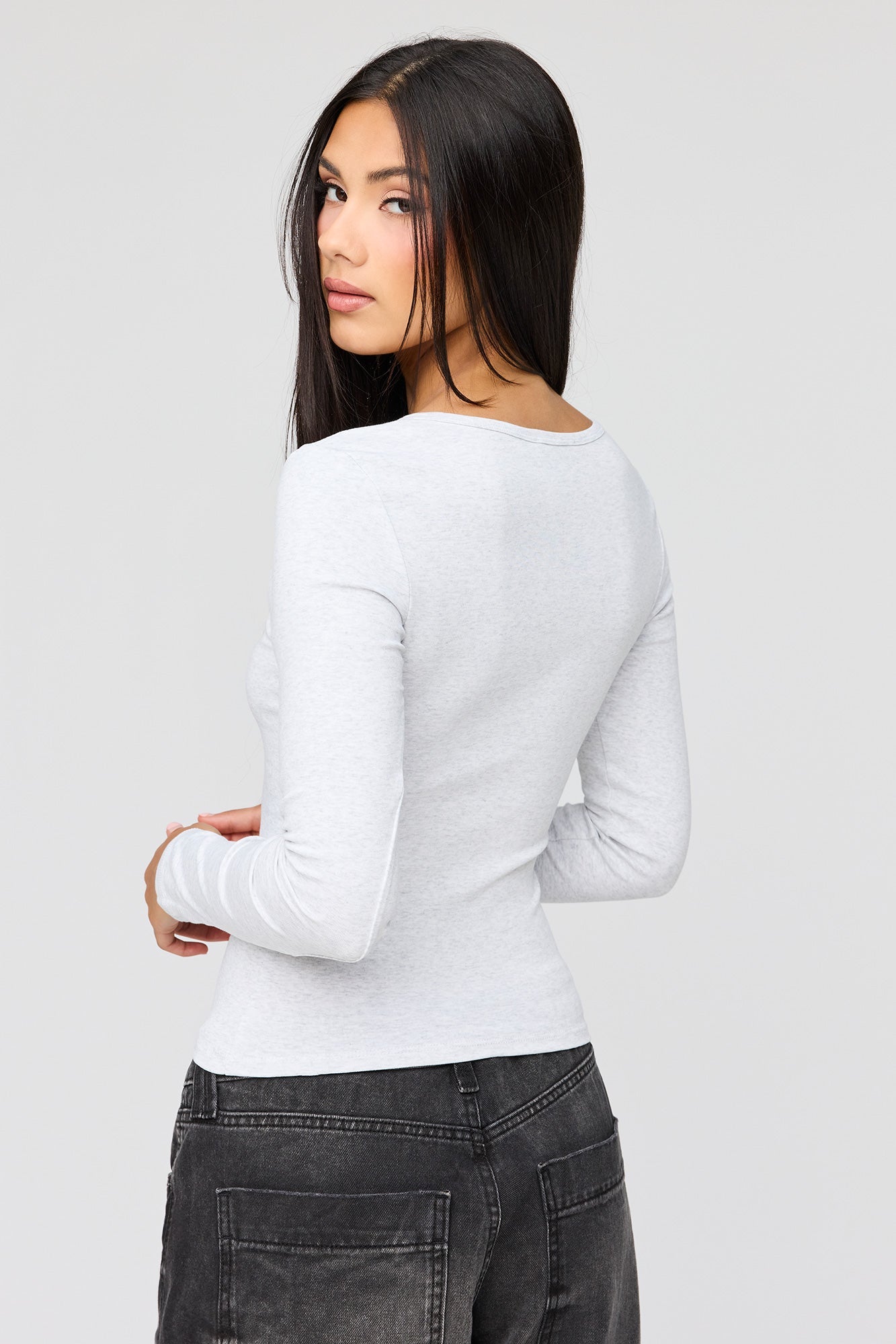 V-Notch Button-Up Long Sleeve Top