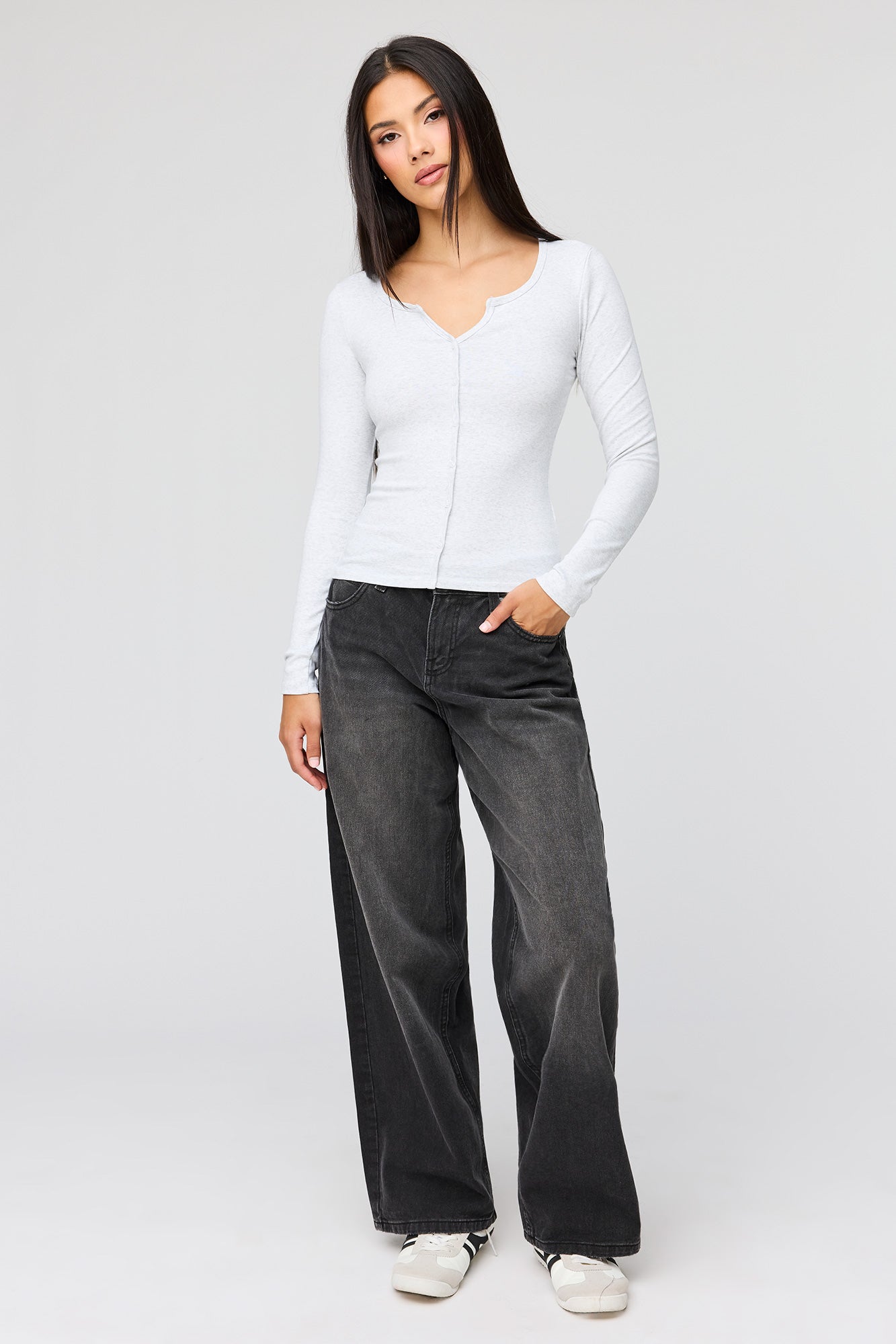 V-Notch Button-Up Long Sleeve Top