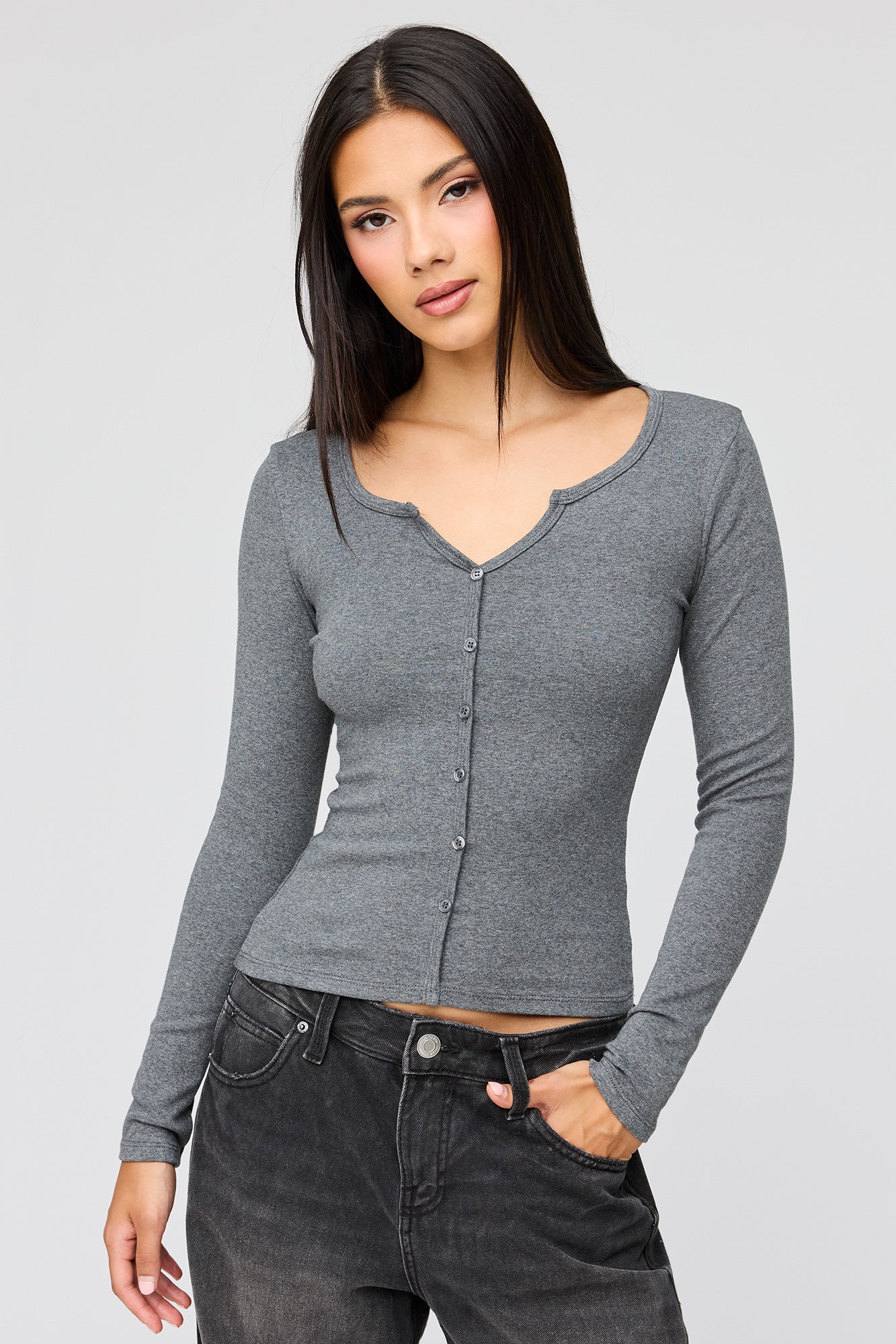 V-Notch Button-Up Long Sleeve Top
