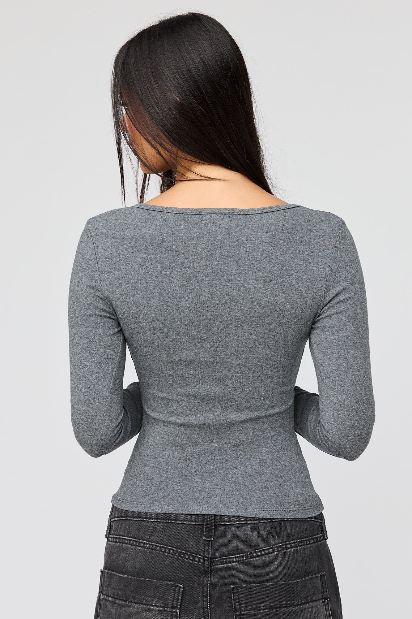 V-Notch Button-Up Long Sleeve Top