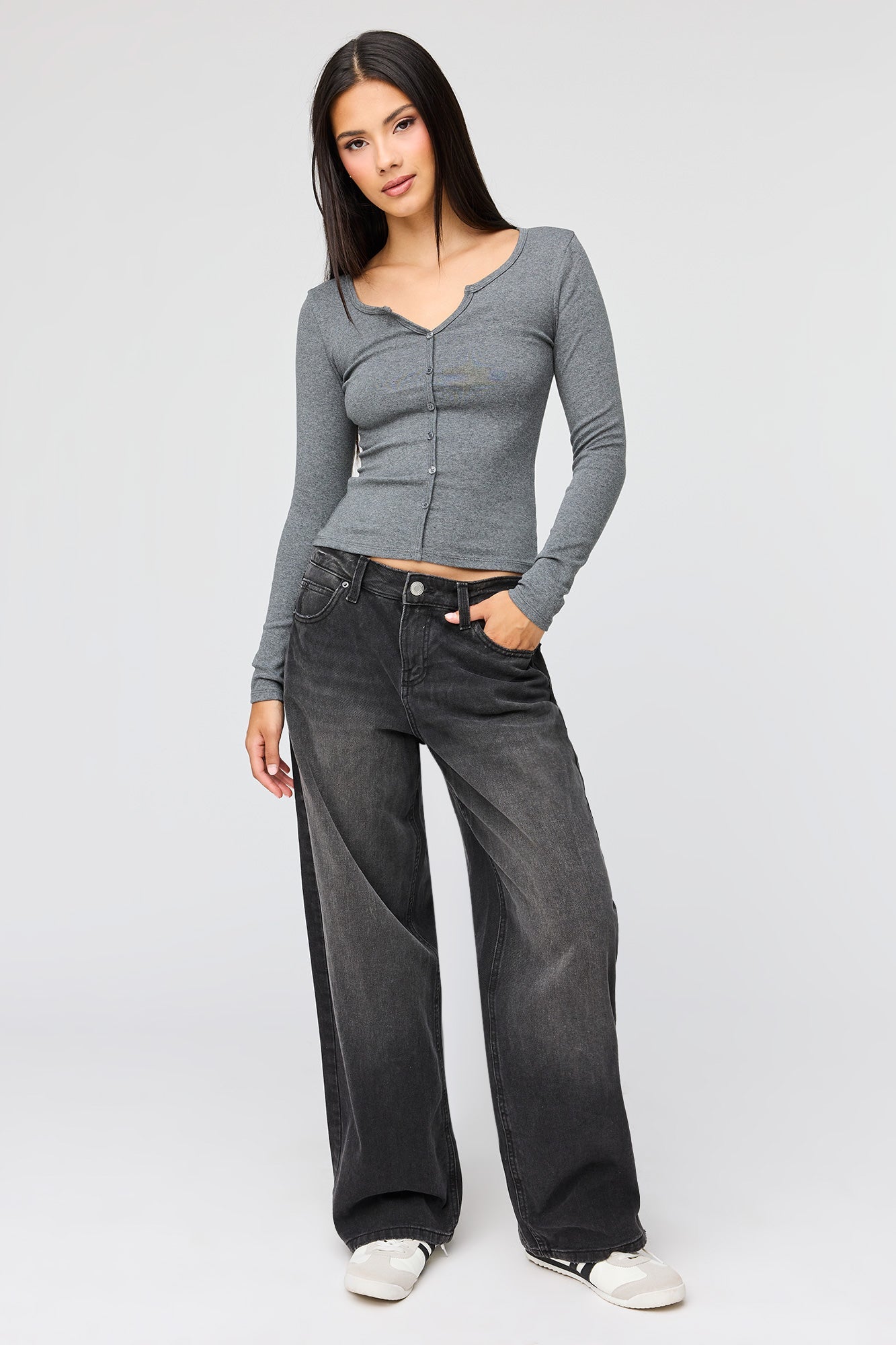 V-Notch Button-Up Long Sleeve Top