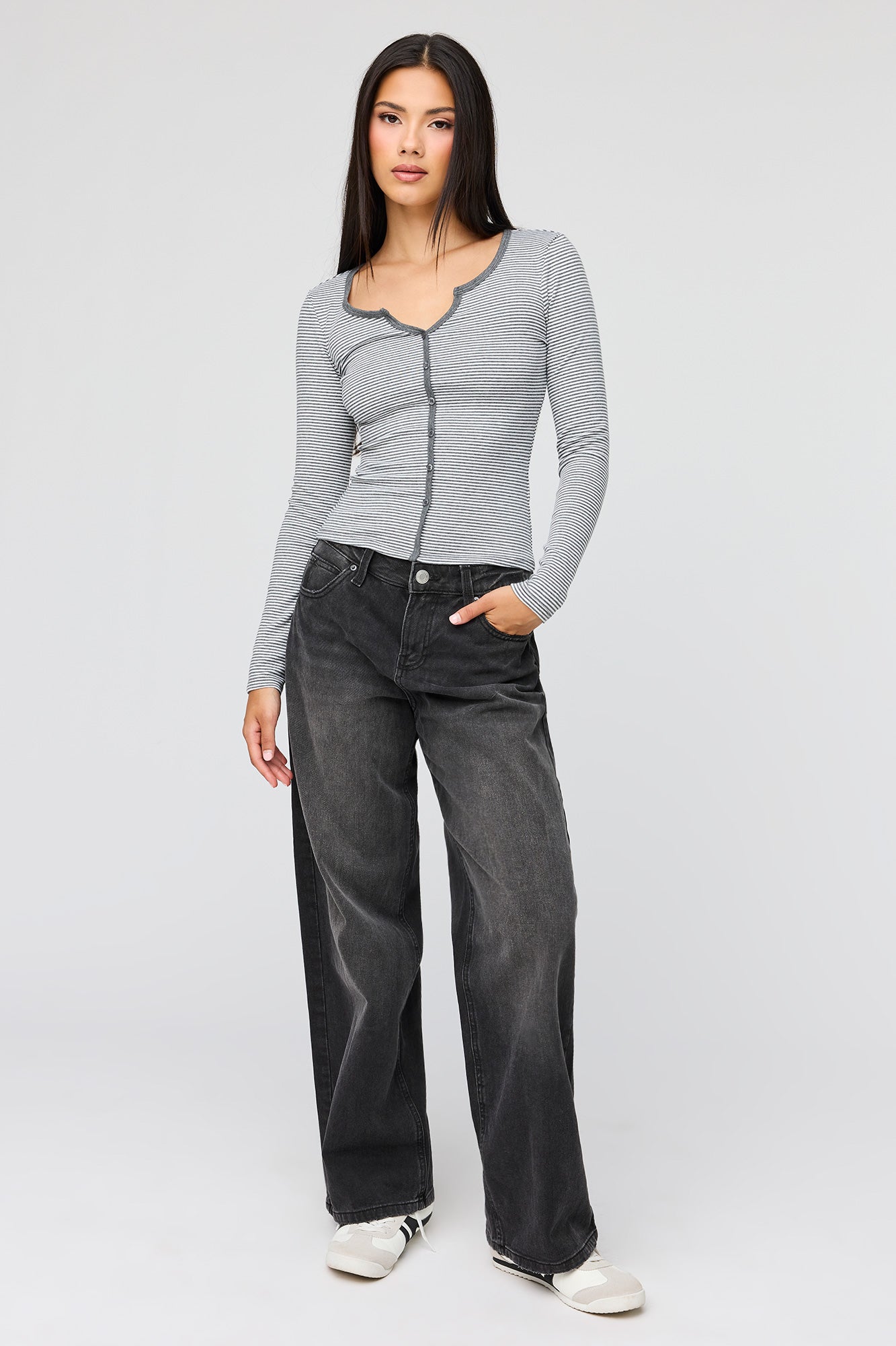 V-Notch Button-Up Long Sleeve Top