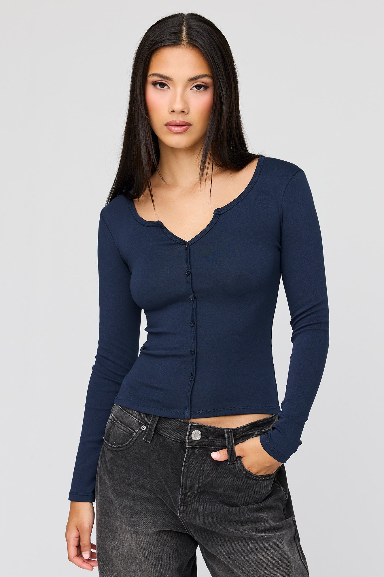 V-Notch Button-Up Long Sleeve Top